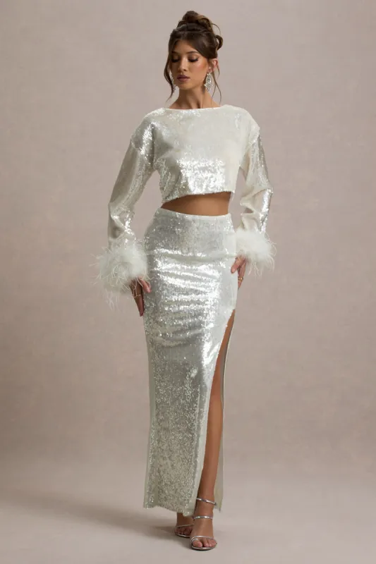 Raia | Sand Sequin Split Maxi Skirt sold by Club L London