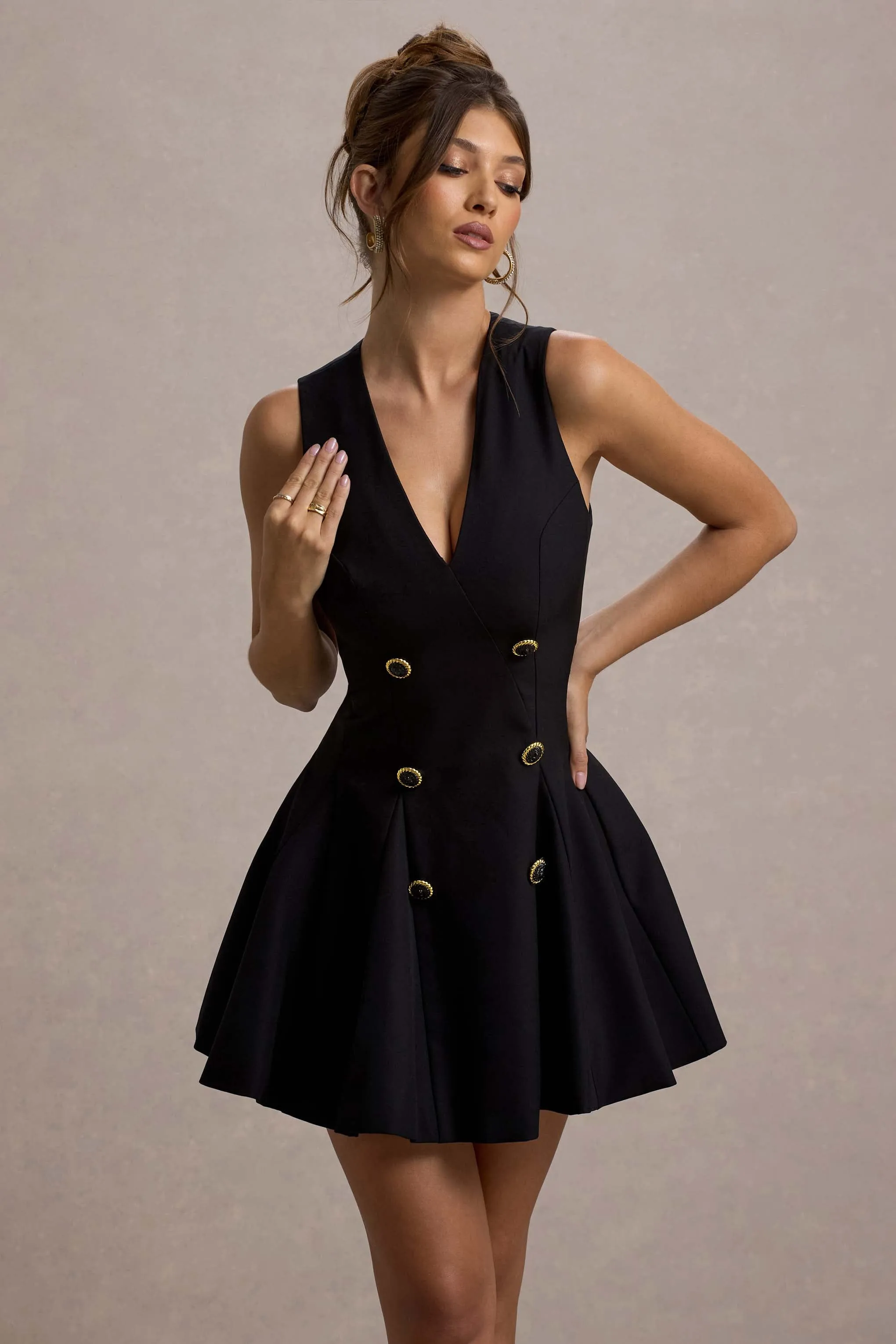 Collette | Black Tailored Plunge-Neck Mini Dress sold by Club L London