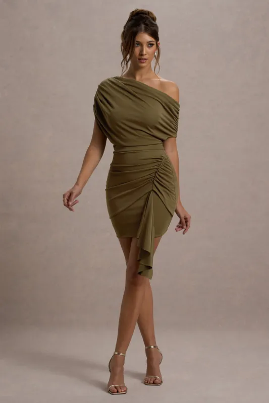 Osmanthus | Khaki Asymmetric Draped Mini Dress sold by Club L London