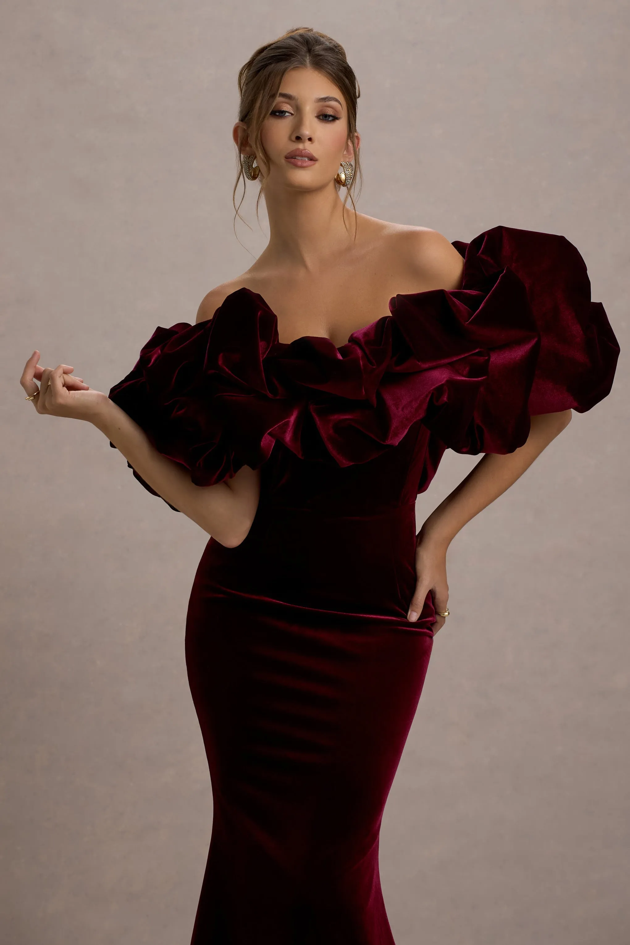 Cecily | Red Velvet Bardot Maxi Dress With Satin Ruffle Trim sold by Club L London product image thumbnail 3
