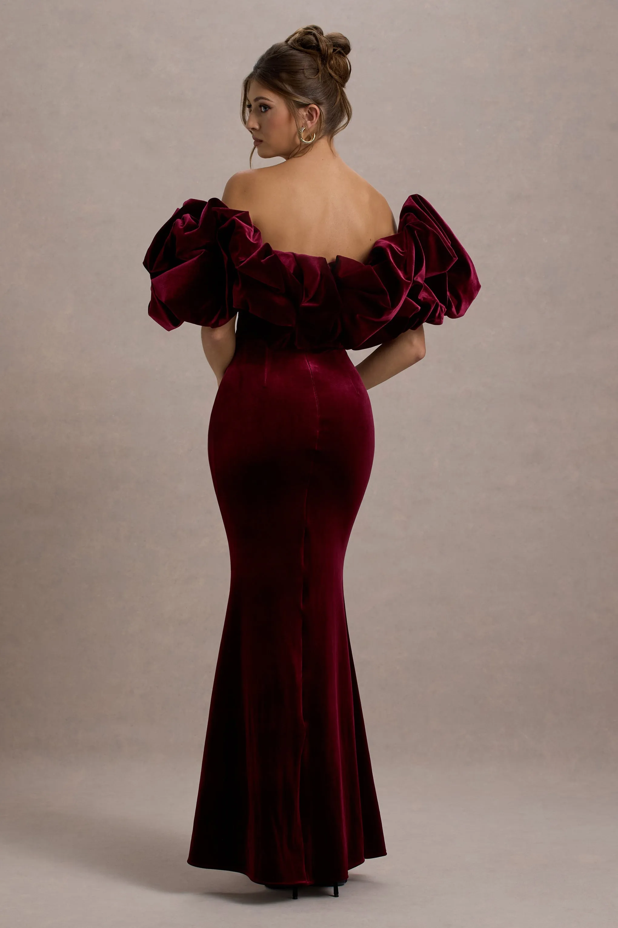 Cecily | Red Velvet Bardot Maxi Dress With Satin Ruffle Trim sold by Club L London product image thumbnail 2