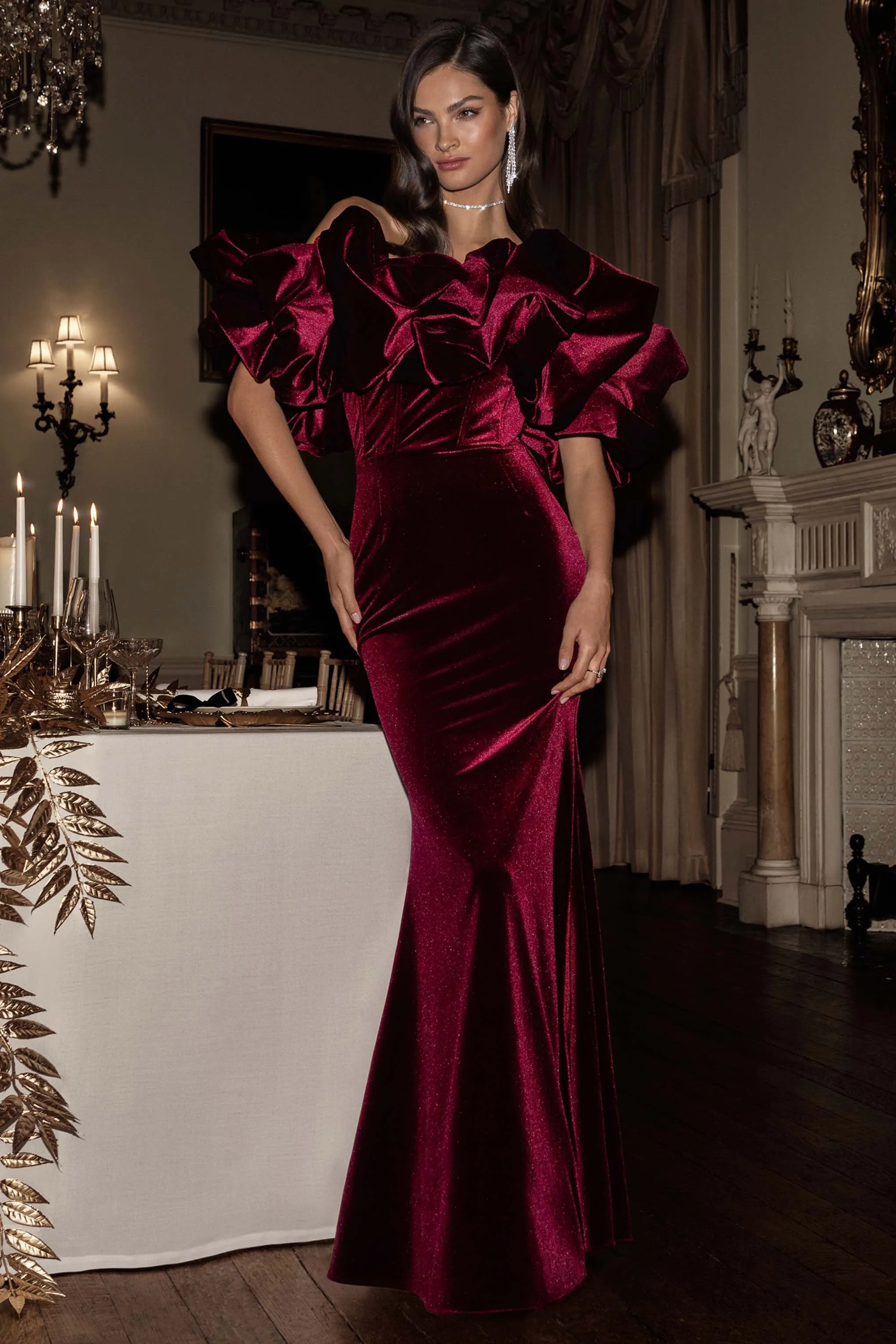 Cecily | Red Velvet Bardot Maxi Dress With Satin Ruffle Trim sold by Club L London