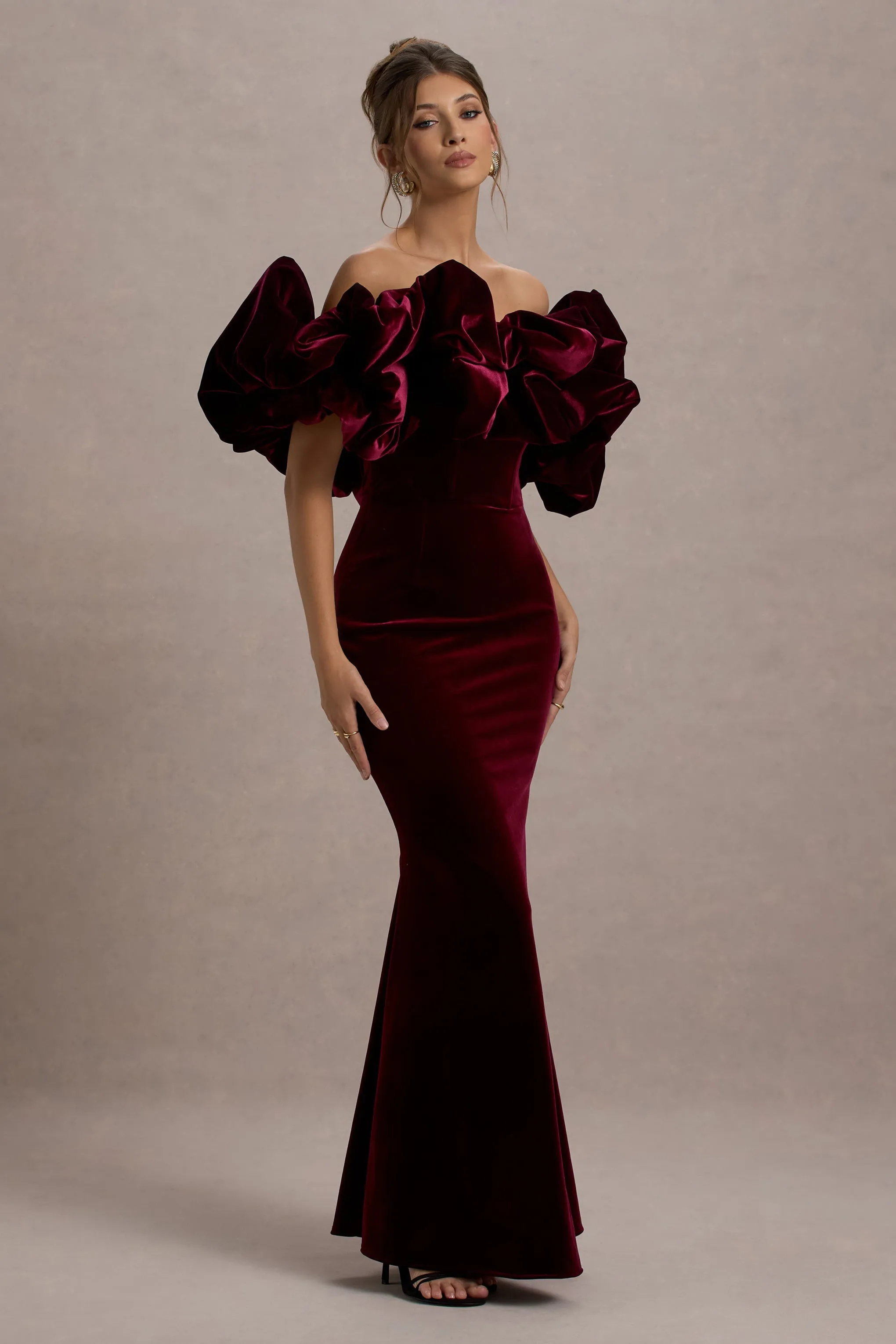 Cecily | Red Velvet Bardot Maxi Dress With Satin Ruffle Trim sold by Club L London product image thumbnail 5