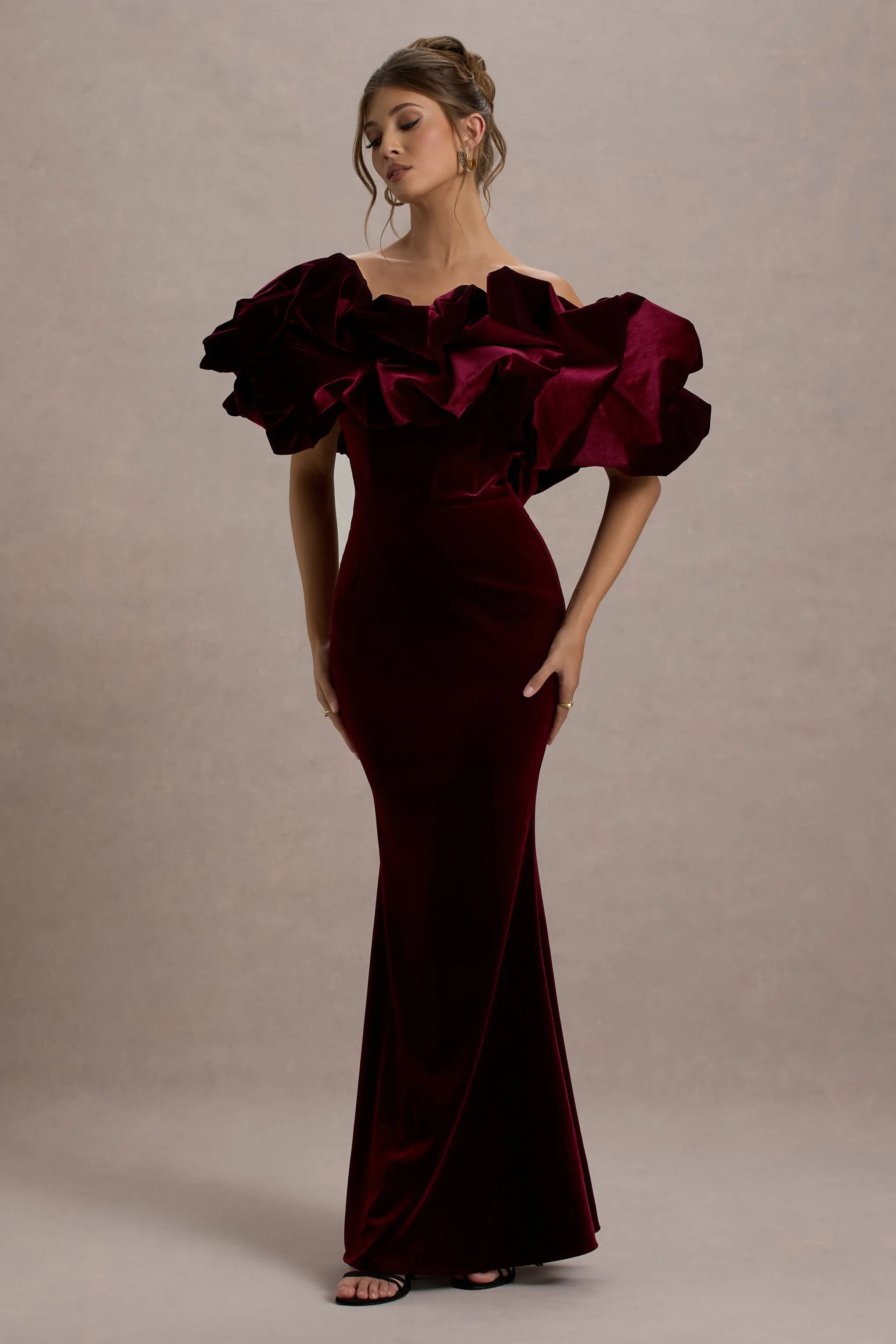 Cecily | Red Velvet Bardot Maxi Dress With Satin Ruffle Trim sold by Club L London product image thumbnail 4