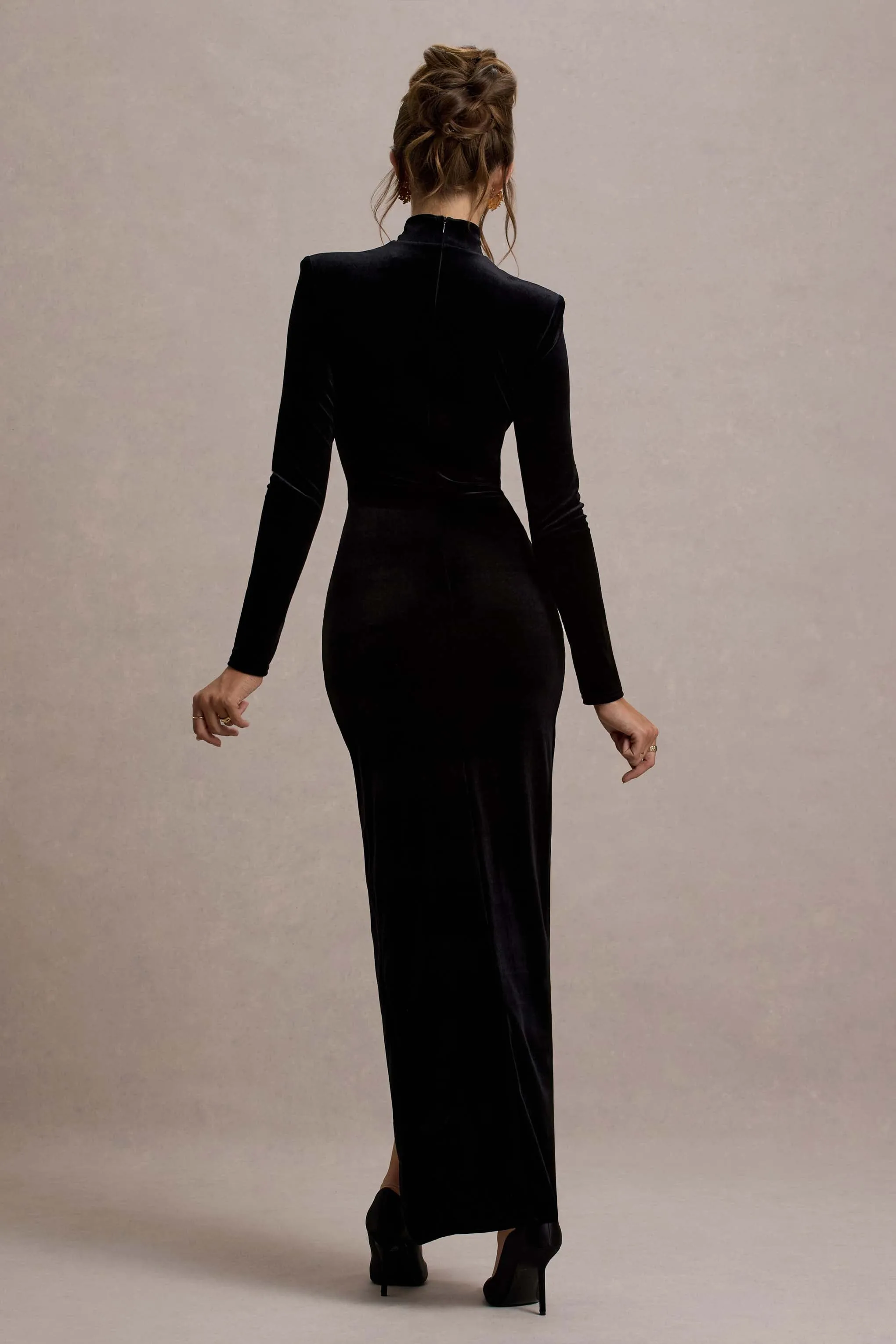 Jaz | Black Velvet High-Neck Gathered Split Maxi Dress sold by Club L London product image thumbnail 2