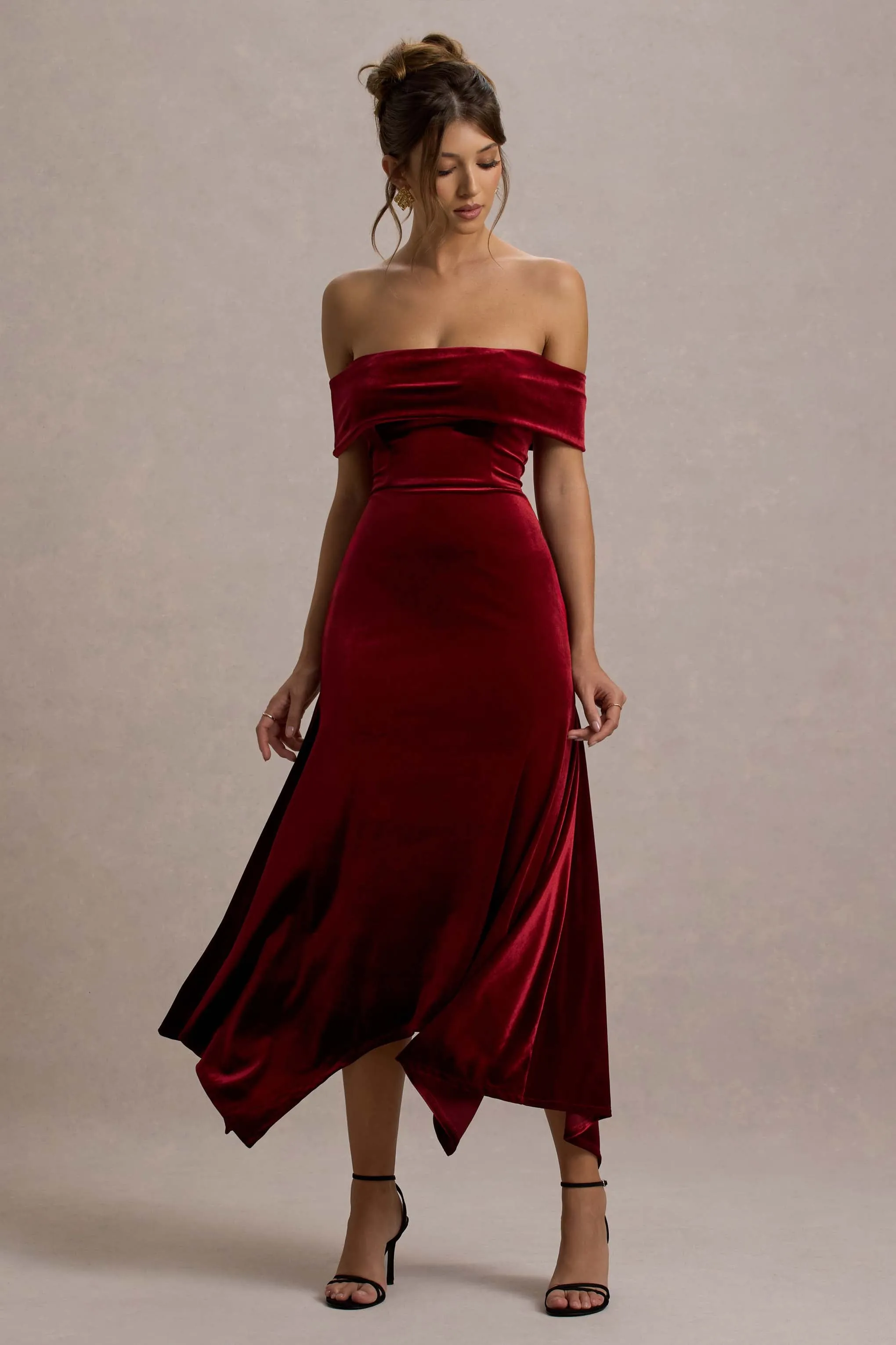 Halia | Berry Velvet Bardot Midi Dress sold by Club L London product image thumbnail 4
