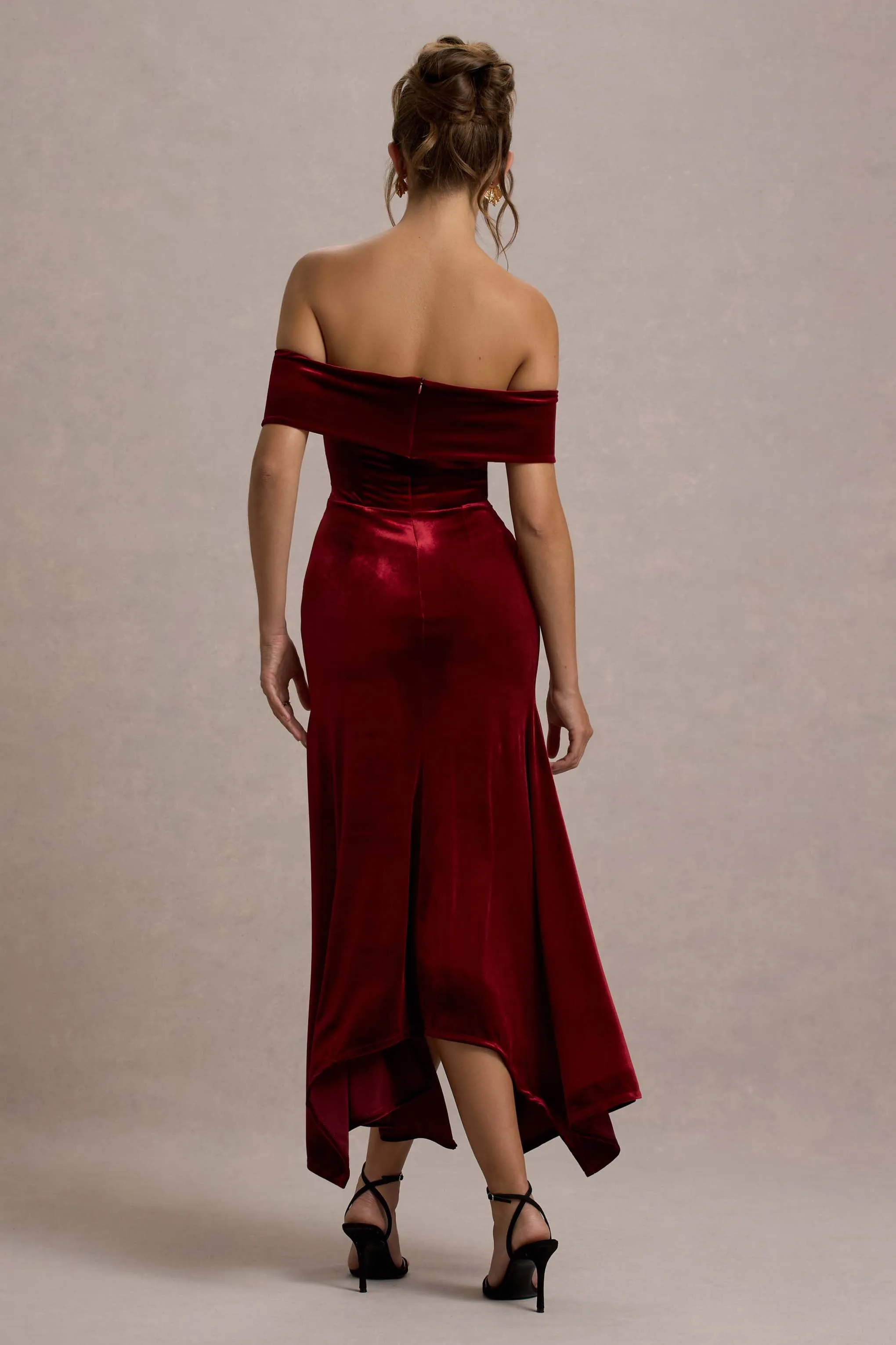 Halia | Berry Velvet Bardot Midi Dress sold by Club L London product image thumbnail 2