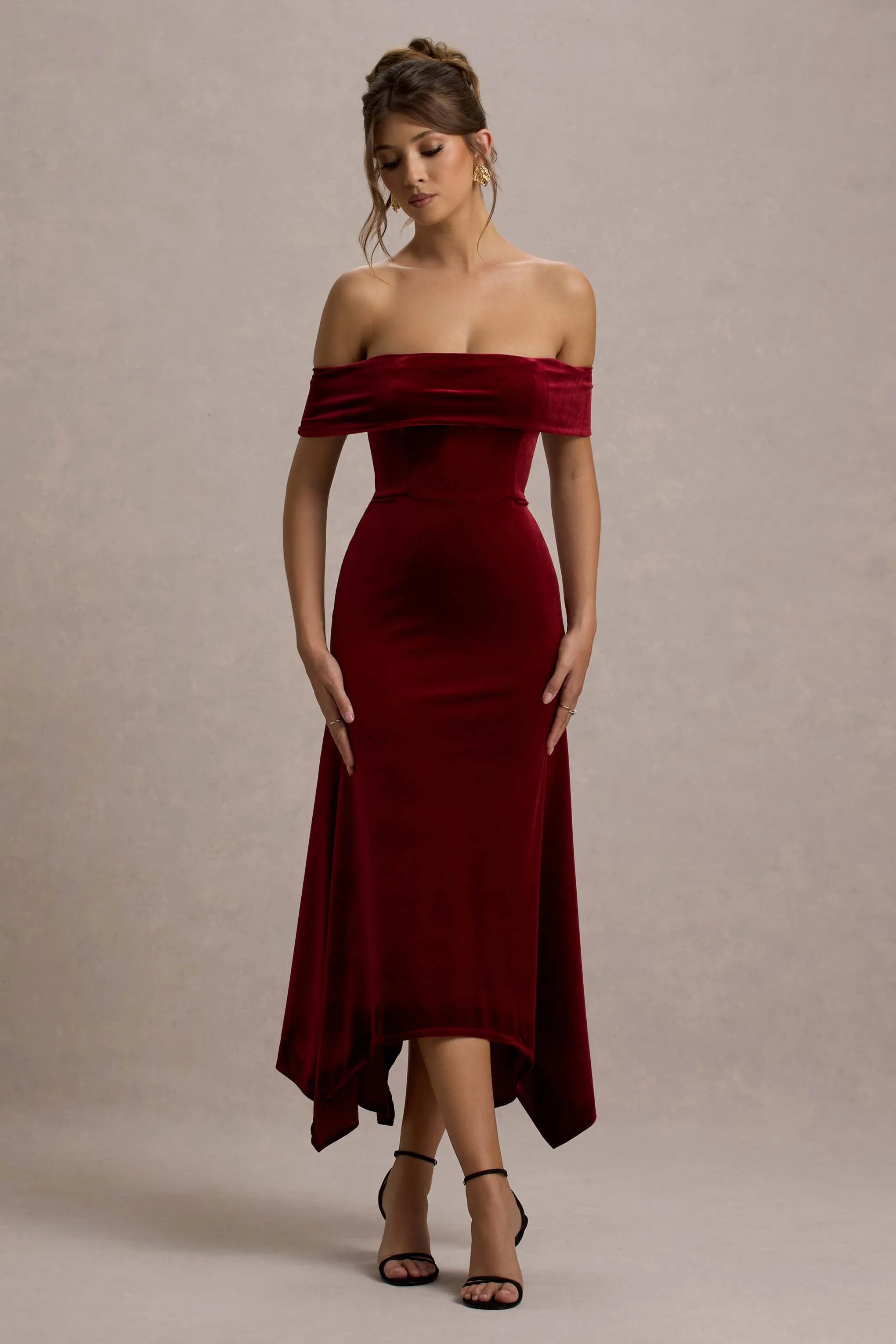 Halia | Berry Velvet Bardot Midi Dress sold by Club L London