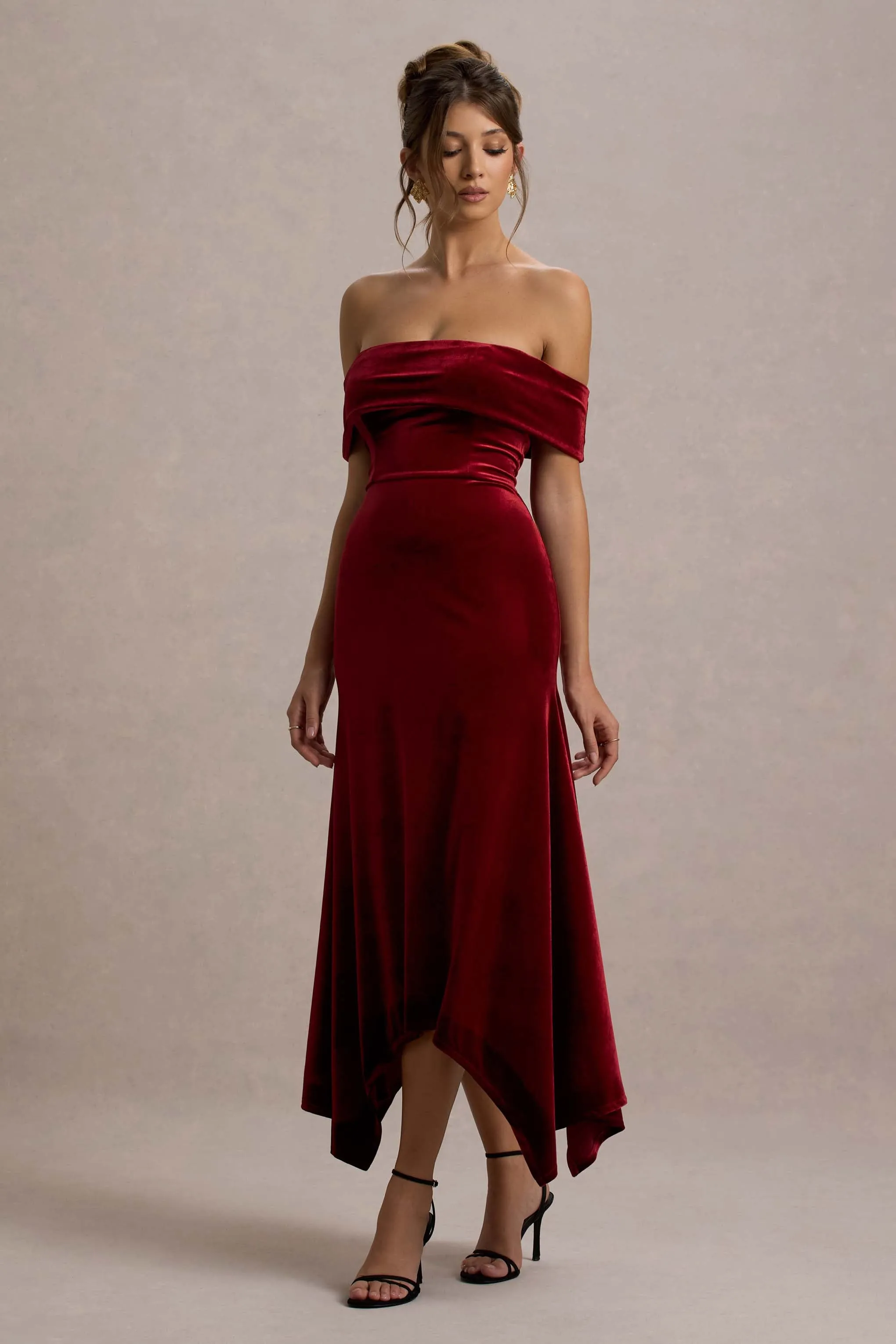 Halia | Berry Velvet Bardot Midi Dress sold by Club L London product image thumbnail 5