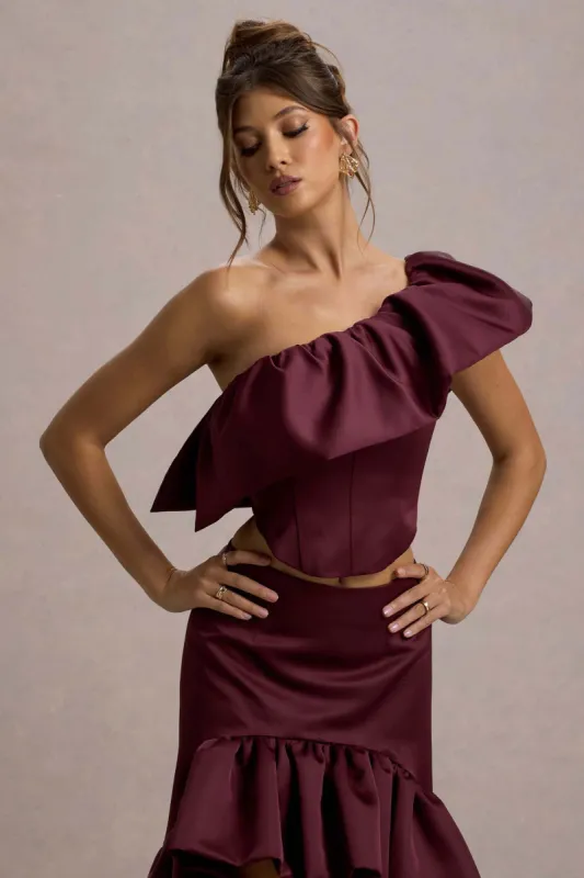 Sandie | Merlot Satin Bardot Ruffled Crop Top made by Club L London