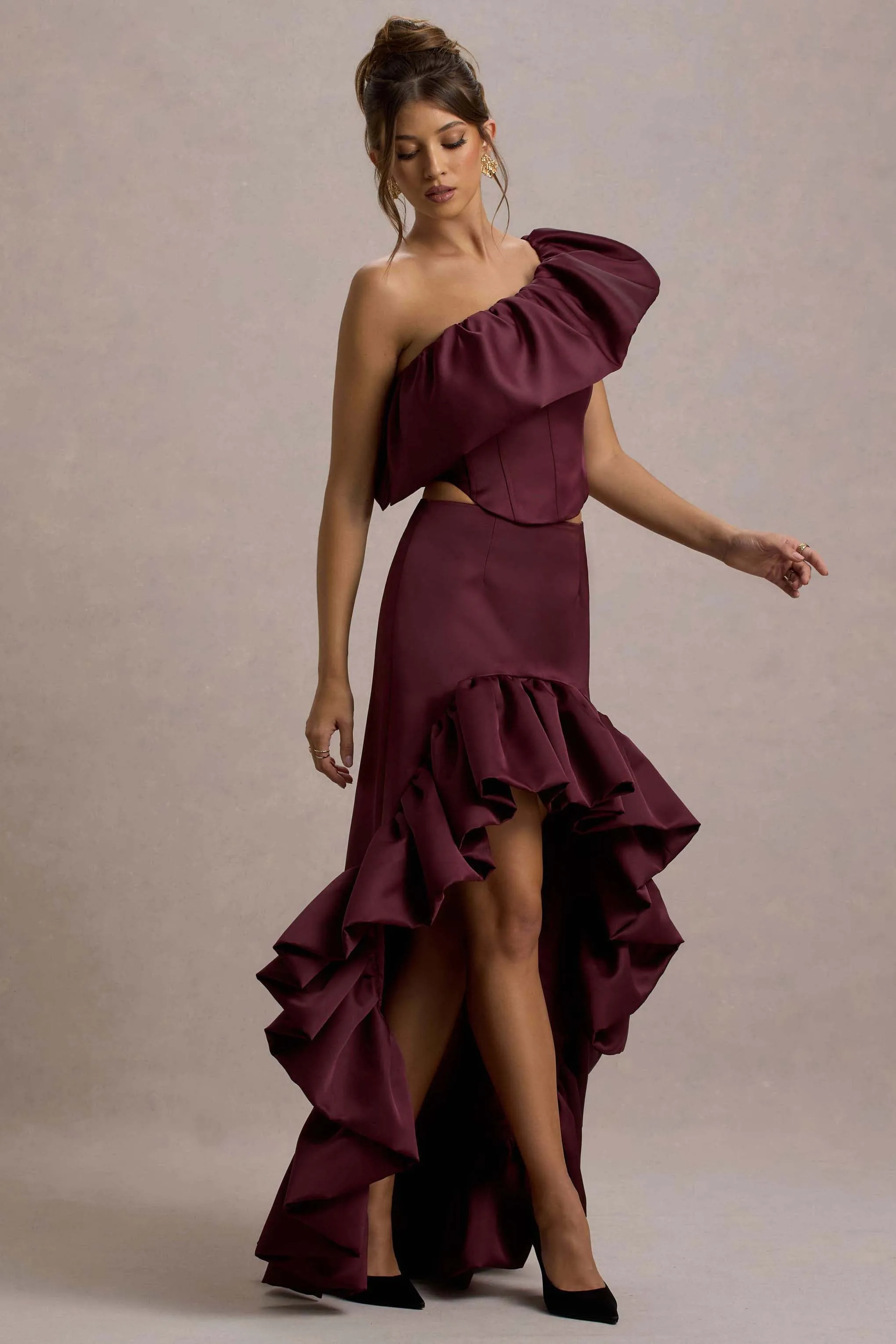 Ruby | Merlot Satin High-Low Maxi Skirt sold by Club L London product image thumbnail 5