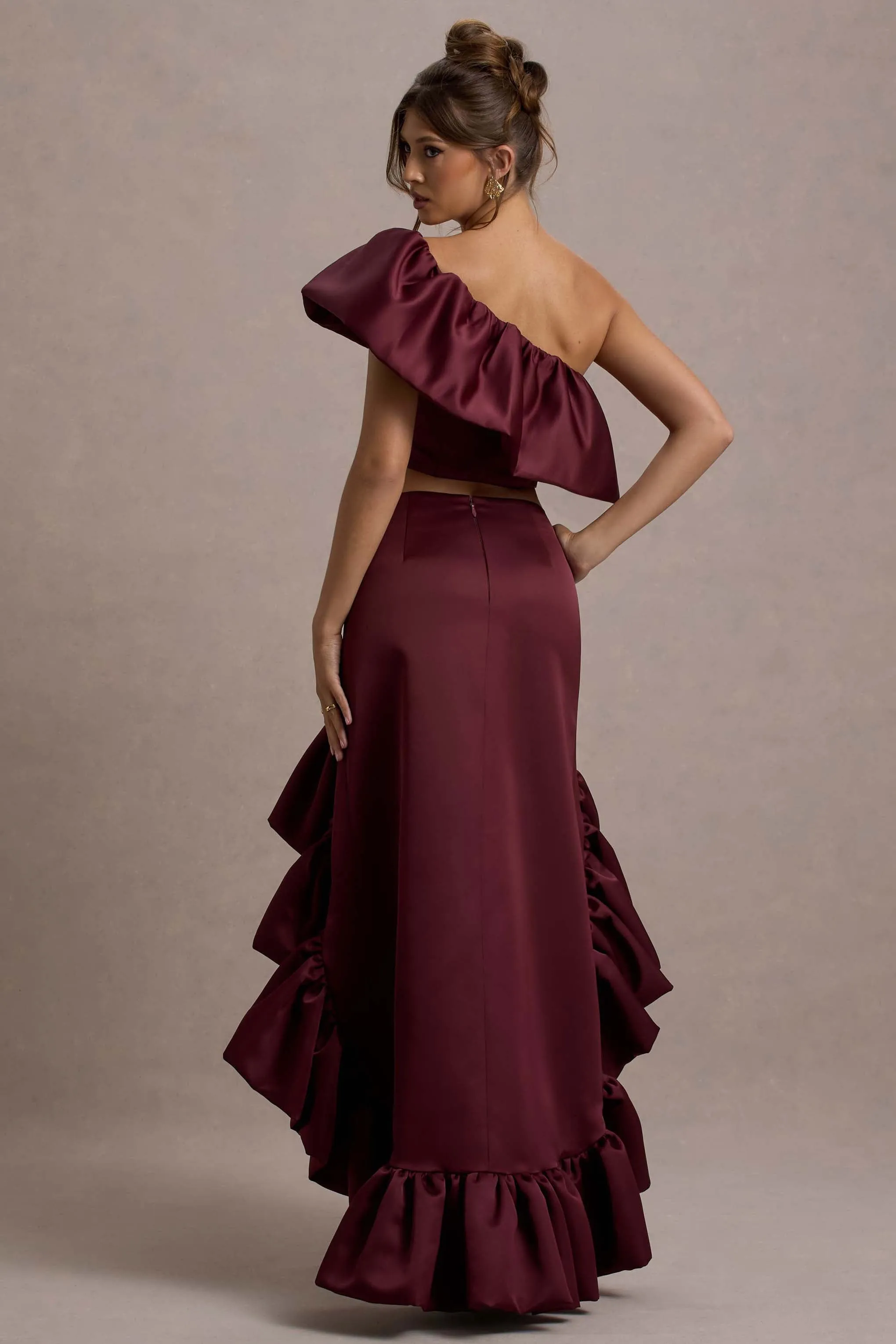 Ruby | Merlot Satin High-Low Maxi Skirt sold by Club L London product image thumbnail 2