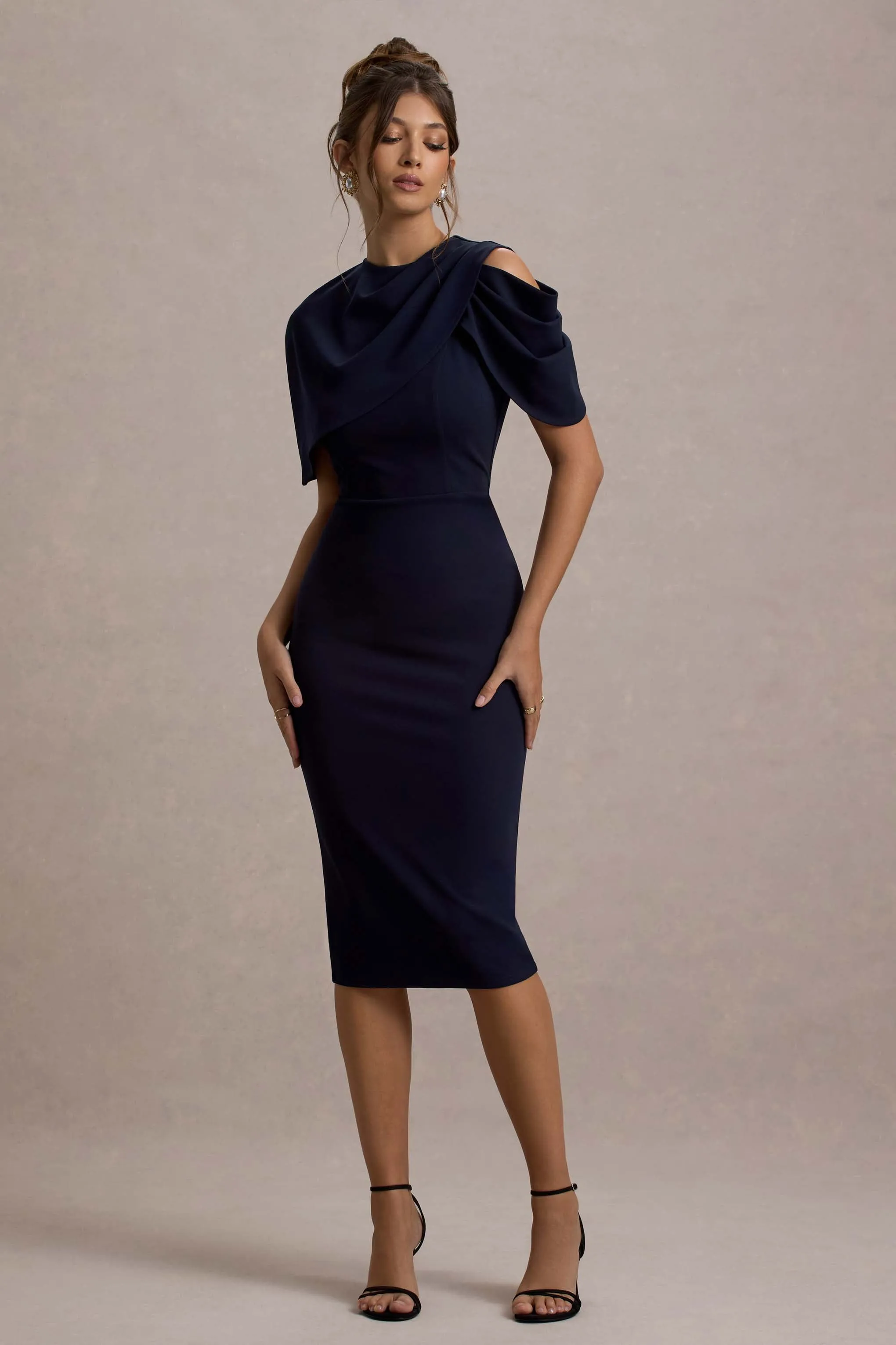 Dorothea | Navy Draped Midi Dress With Cape sold by Club L London product image thumbnail 5