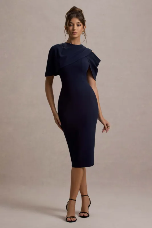 Dorothea | Navy Draped Midi Dress With Cape sold by Club L London