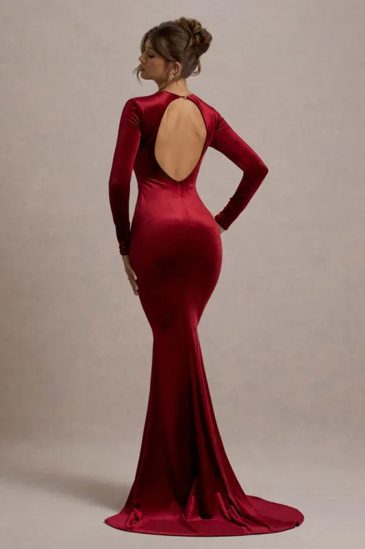 Keaton | Berry Velvet Long-Sleeve Open-Back Maxi Dress sold by Club L London