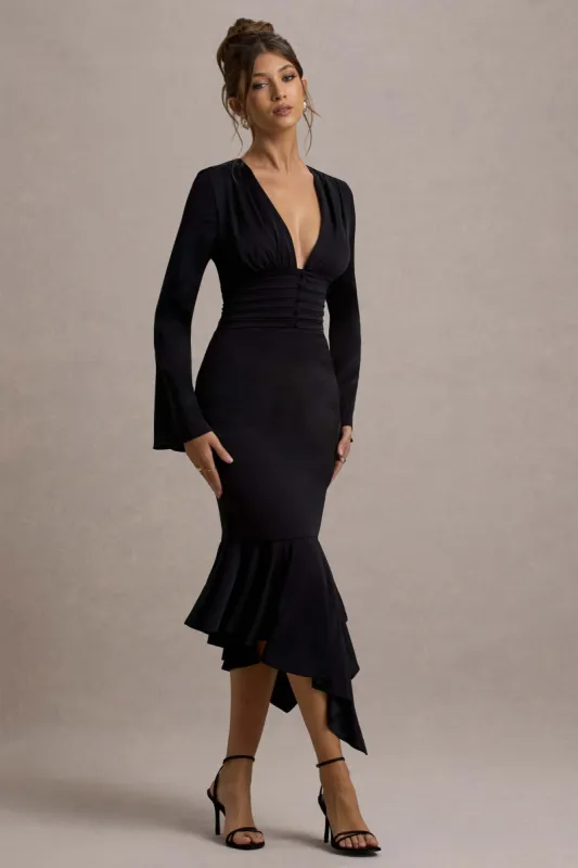 Rehna | Black Plunge-Neck Bell-Sleeve Midi Dress made by Club L London