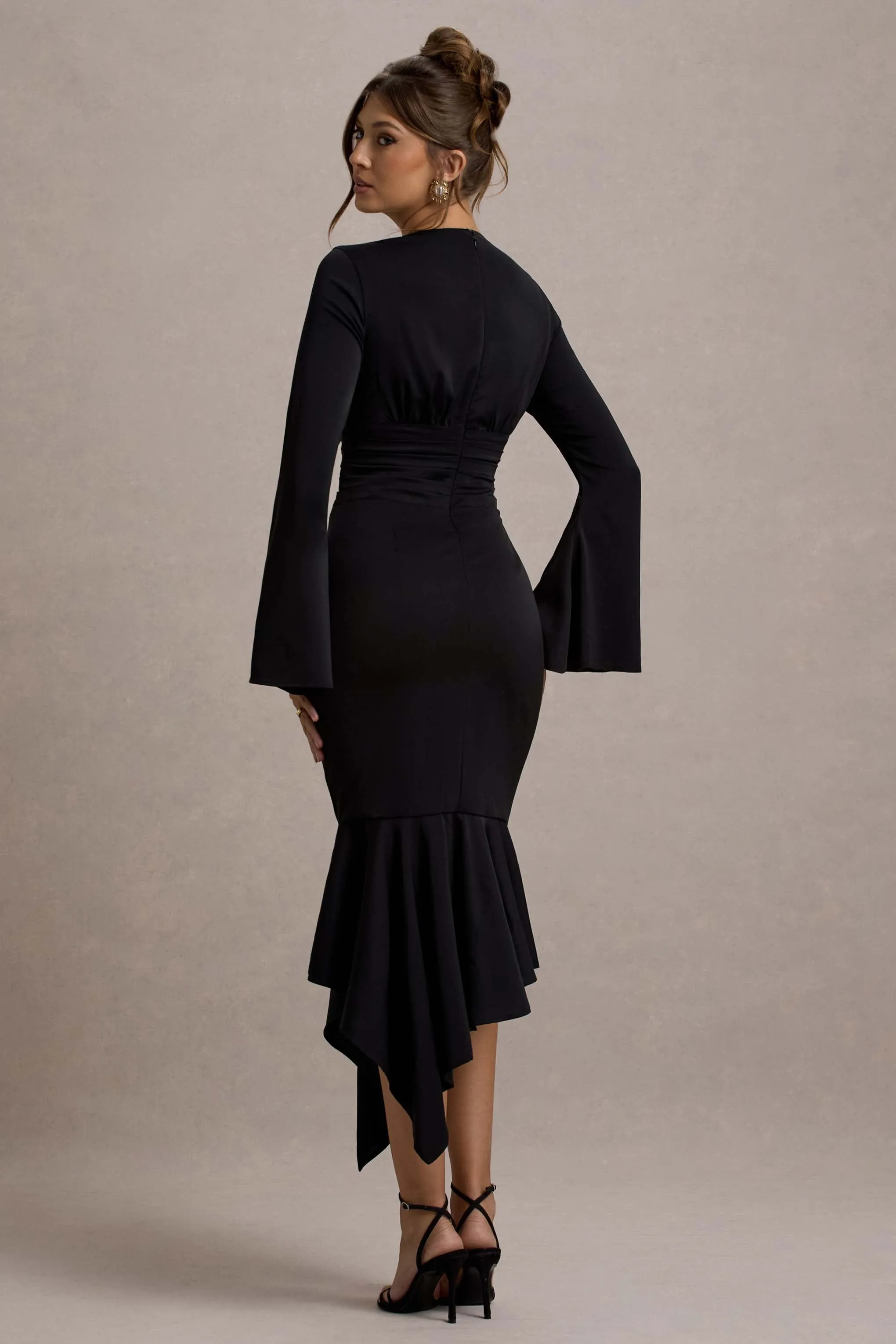 Rehna | Black Plunge-Neck Bell-Sleeve Midi Dress sold by Club L London product image thumbnail 2