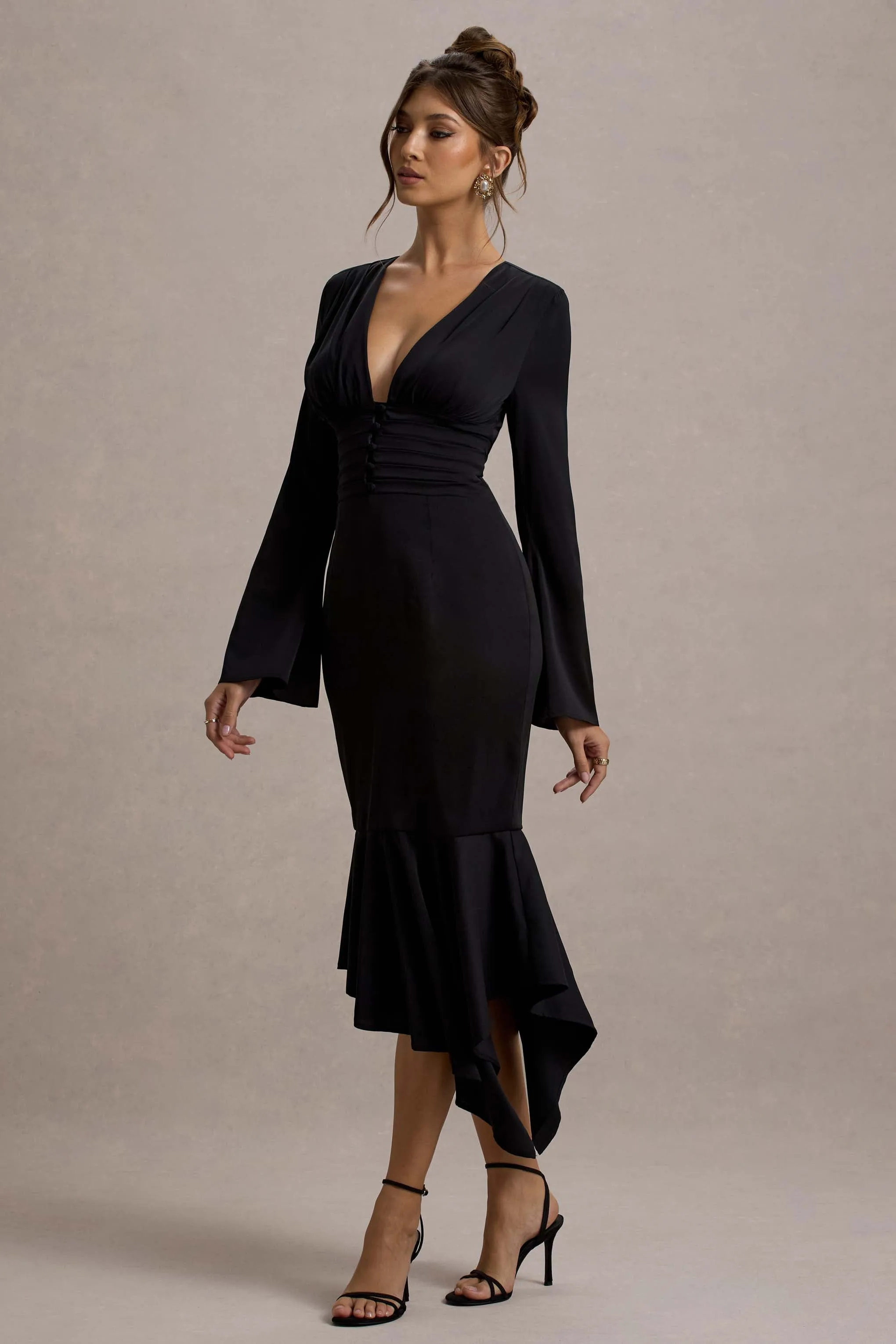 Rehna | Black Plunge-Neck Bell-Sleeve Midi Dress sold by Club L London product image thumbnail 4