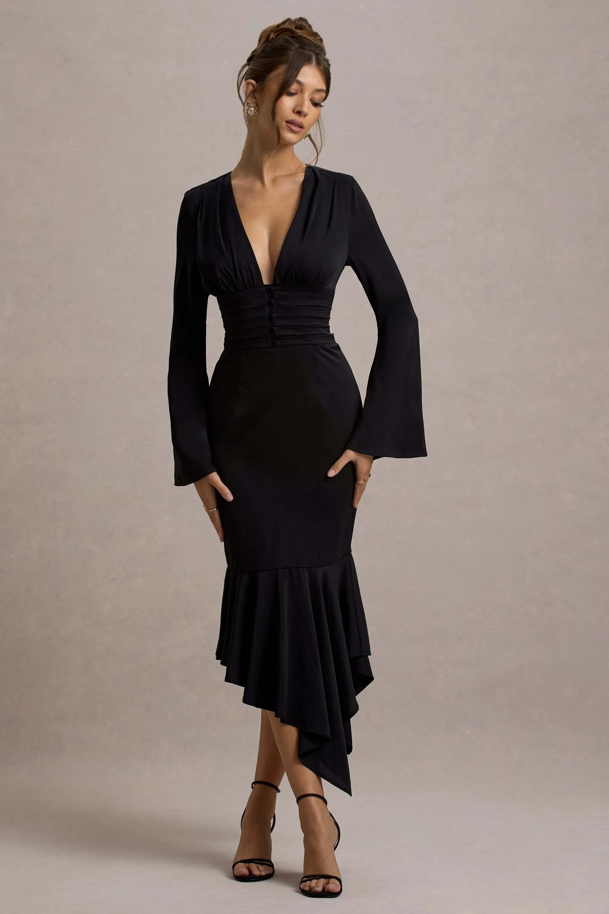 Rehna | Black Plunge-Neck Bell-Sleeve Midi Dress sold by Club L London product image thumbnail 5