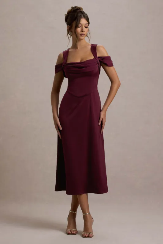 Sawyer | Wine Satin Draped Midi Dress sold by Club L London