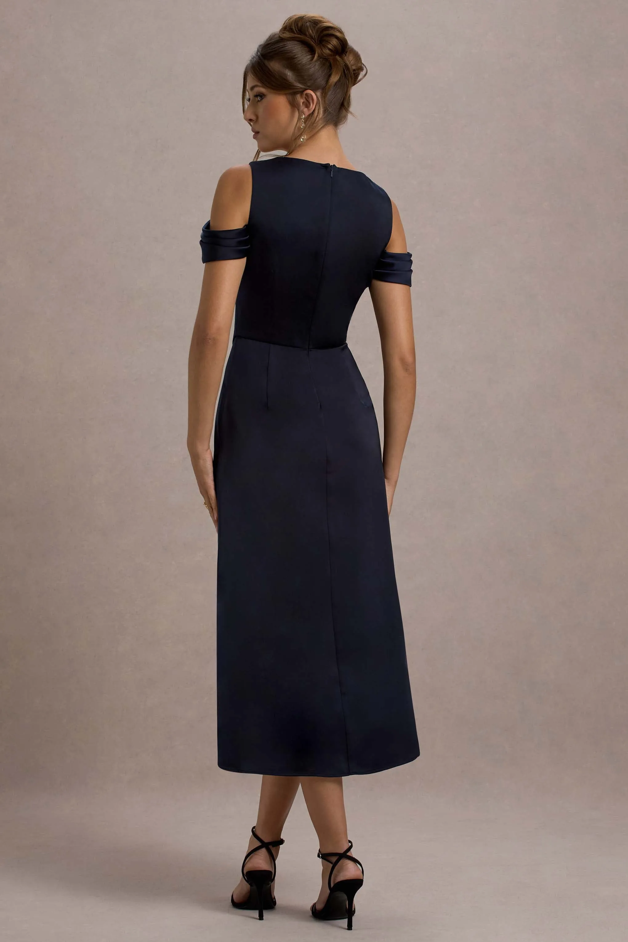 Sawyer | Navy Satin Draped Midi Dress sold by Club L London product image thumbnail 2