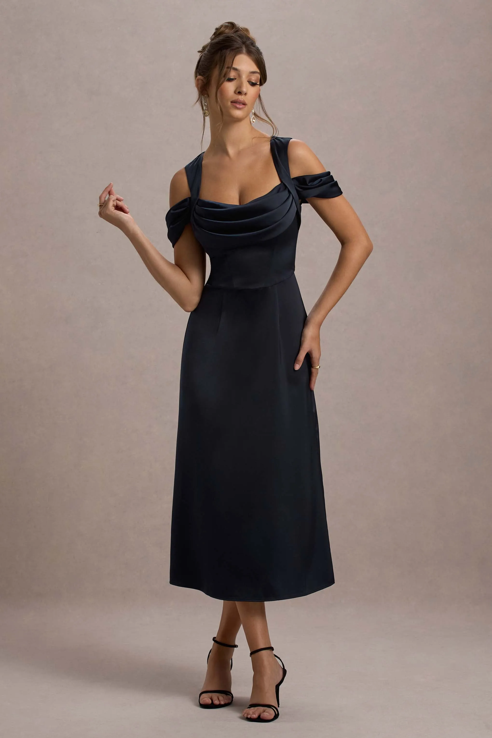Sawyer | Navy Satin Draped Midi Dress sold by Club L London product image thumbnail 5