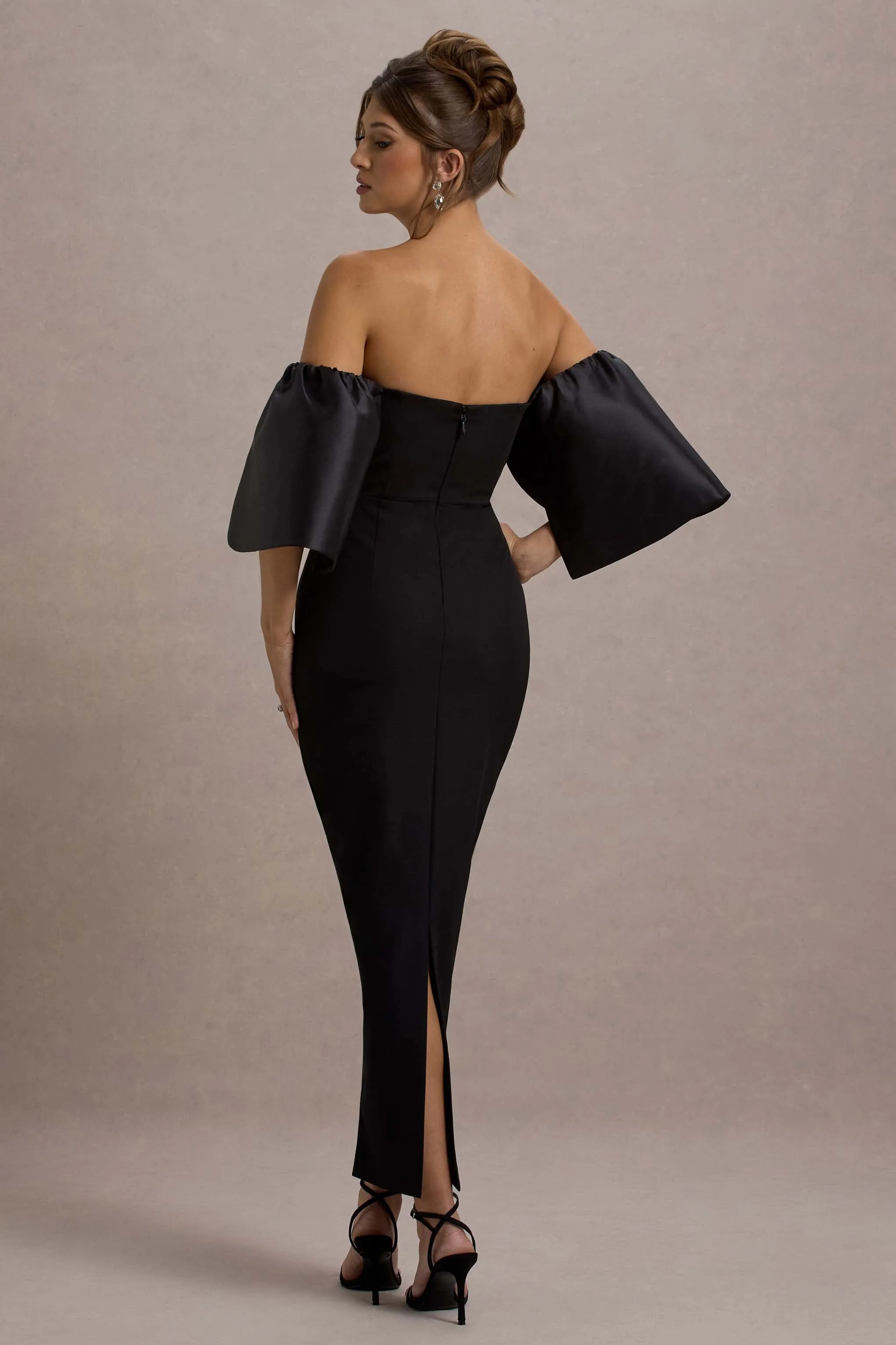 Dalani | Black Corset Maxi Dress With Satin Puff Sleeves sold by Club L London product image thumbnail 2