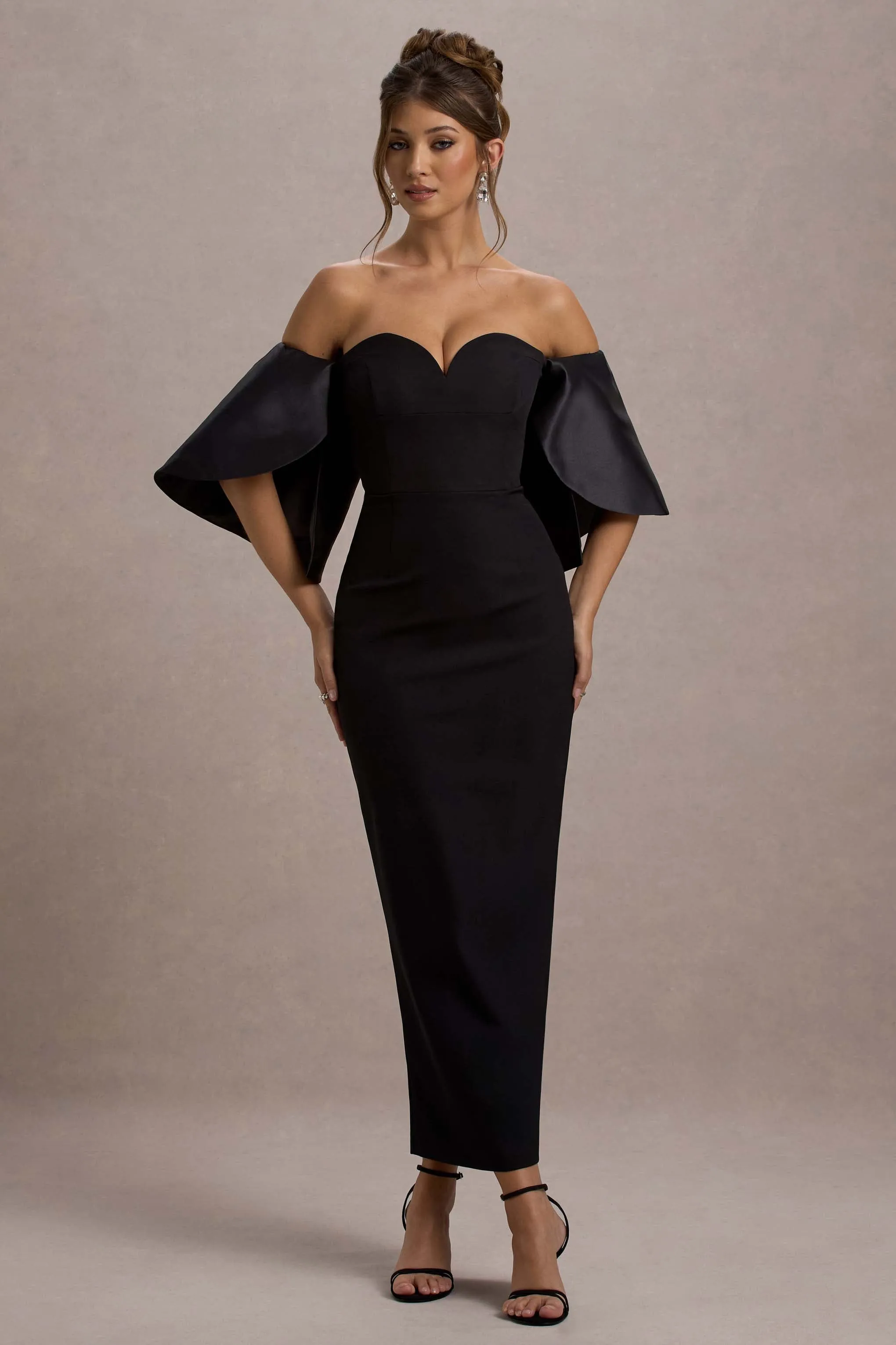 Dalani | Black Corset Maxi Dress With Satin Puff Sleeves sold by Club L London