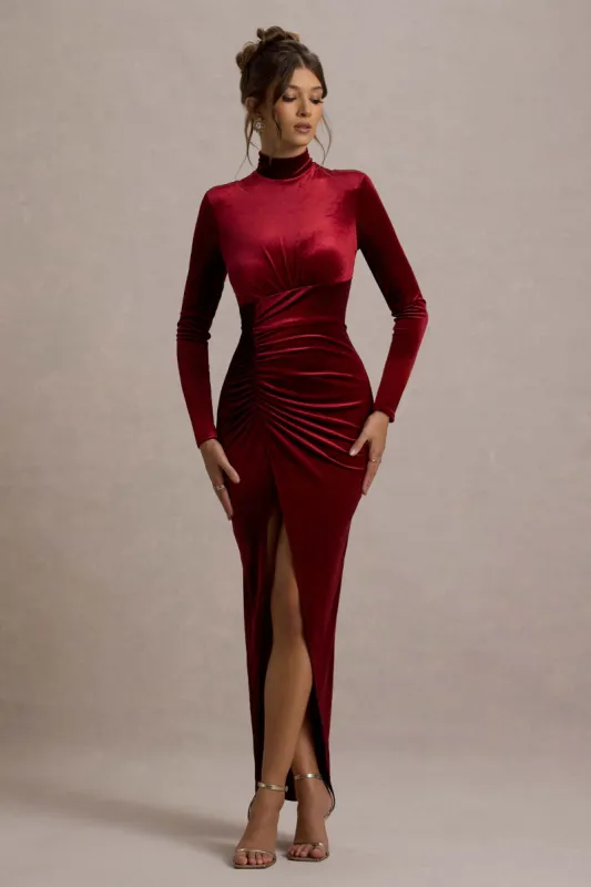 Jaz | Berry Velvet High-Neck Gathered Split Maxi Dress sold by Club L London