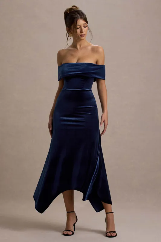 Halia | Navy Velvet Bardot Midi Dress sold by Club L London