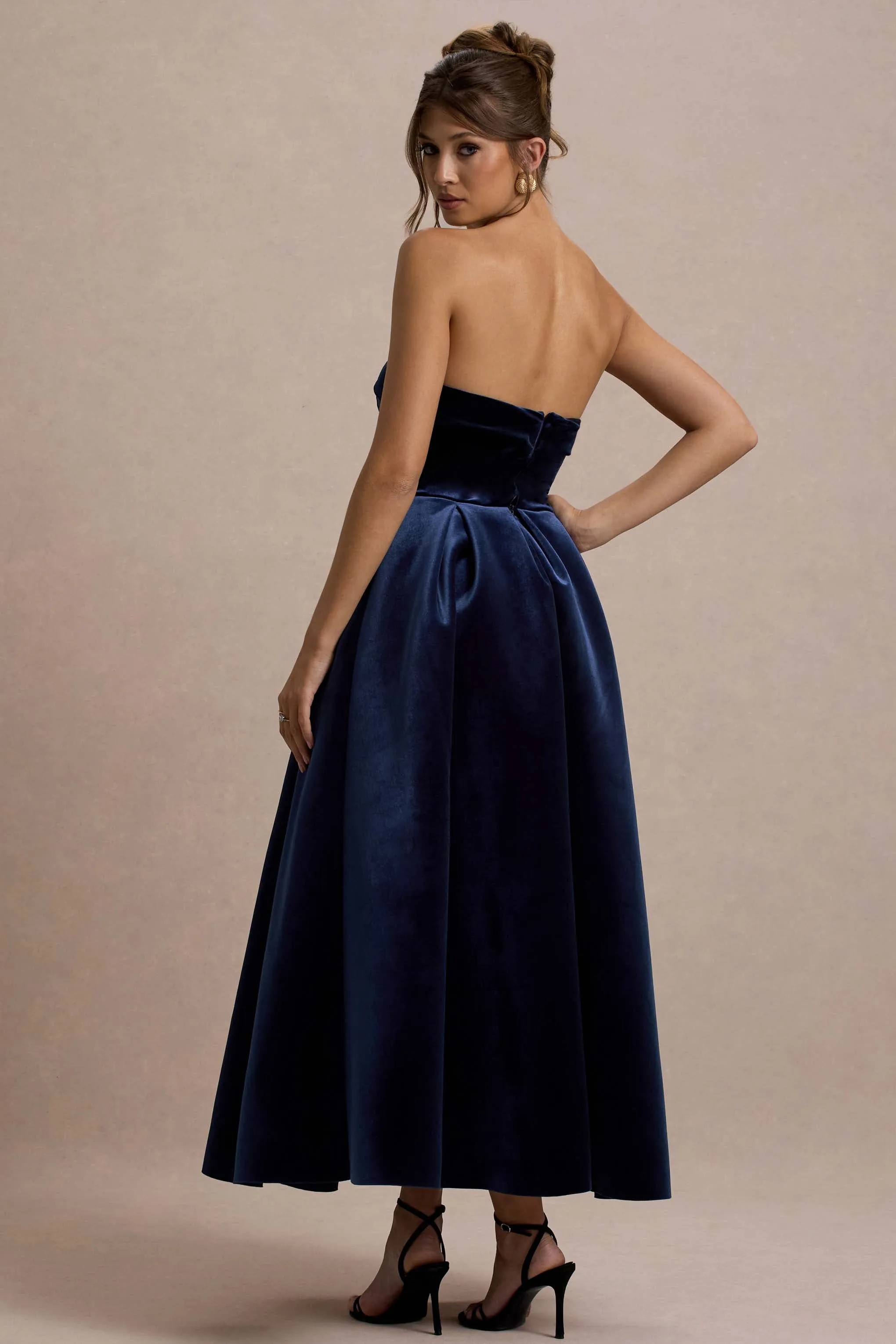 Addina | Navy Velvet Bandeau Skater Midi Dress sold by Club L London product image thumbnail 2
