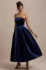 Addina | Navy Velvet Bandeau Skater Midi Dress sold by Club L London