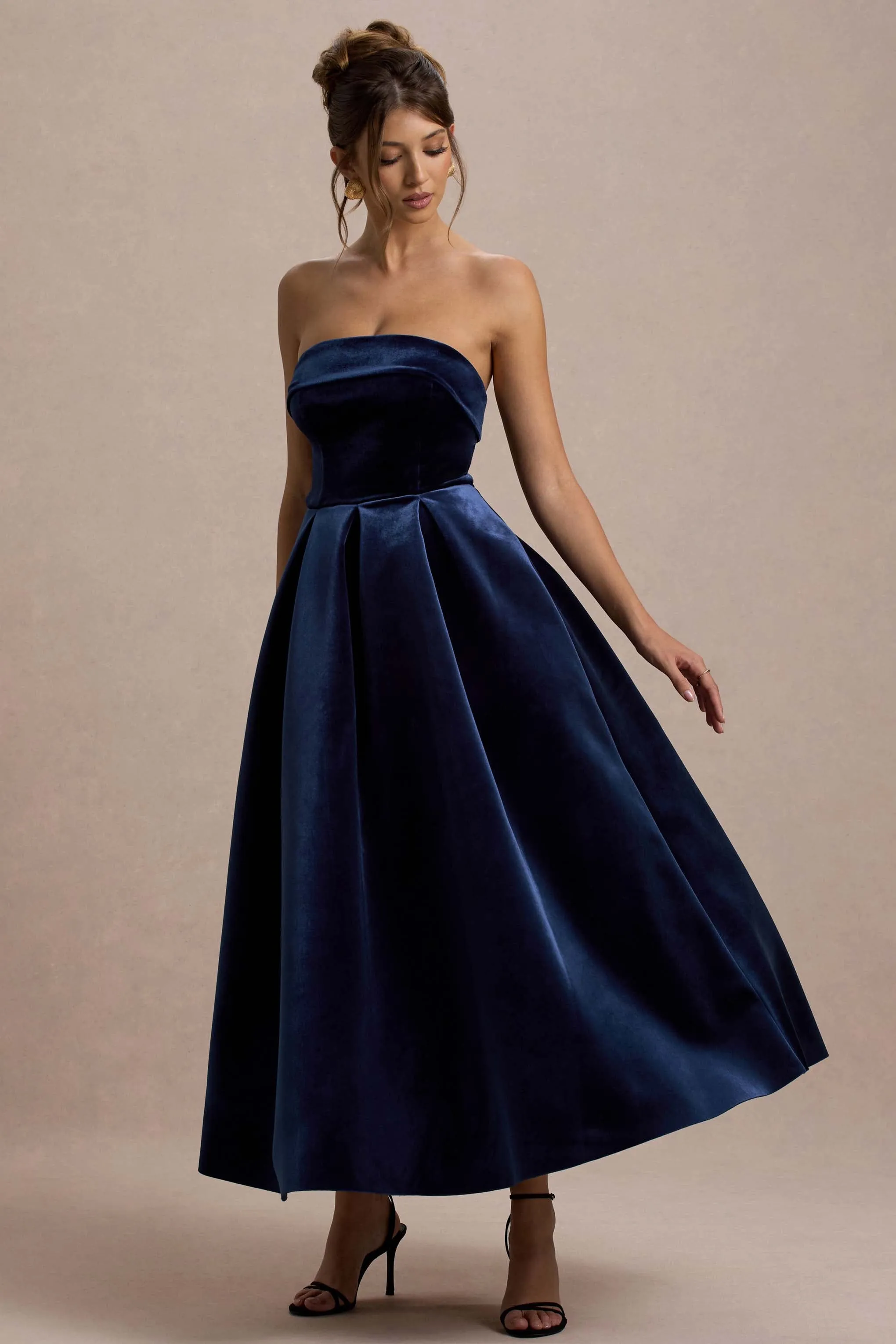 Addina | Navy Velvet Bandeau Skater Midi Dress sold by Club L London product image thumbnail 5