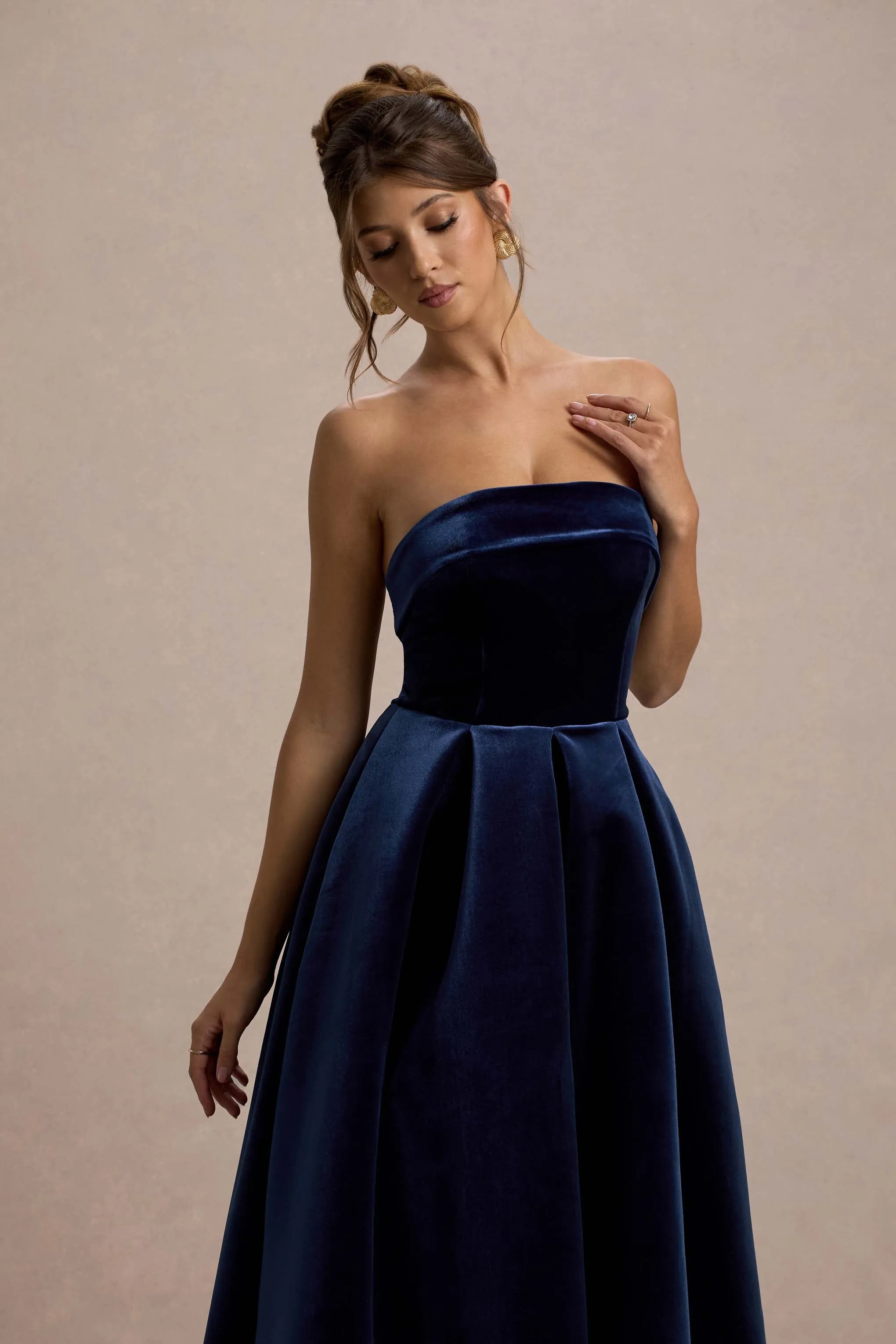 Addina | Navy Velvet Bandeau Skater Midi Dress sold by Club L London product image thumbnail 3