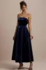 Addina | Navy Velvet Bandeau Skater Midi Dress sold by Club L London
