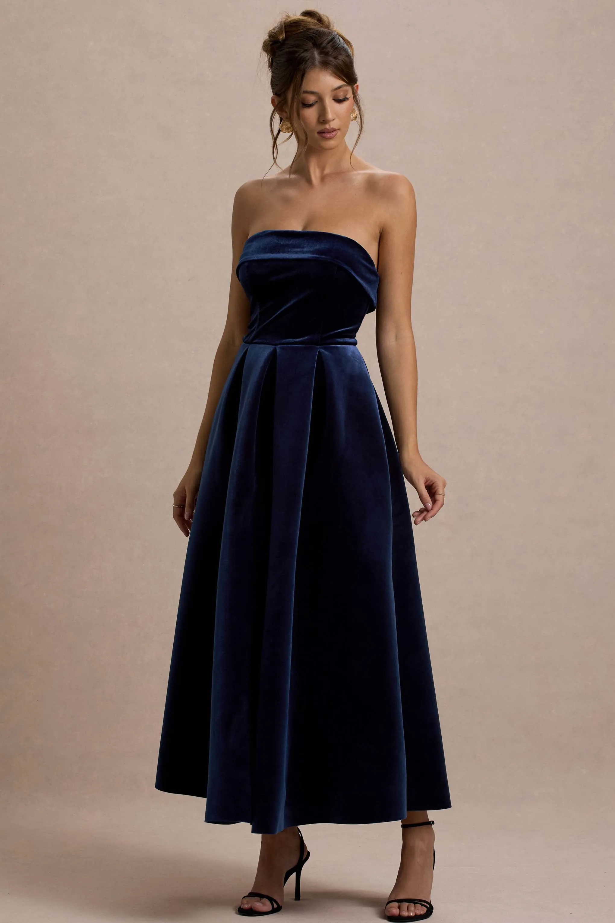 Addina | Navy Velvet Bandeau Skater Midi Dress sold by Club L London product image thumbnail 4