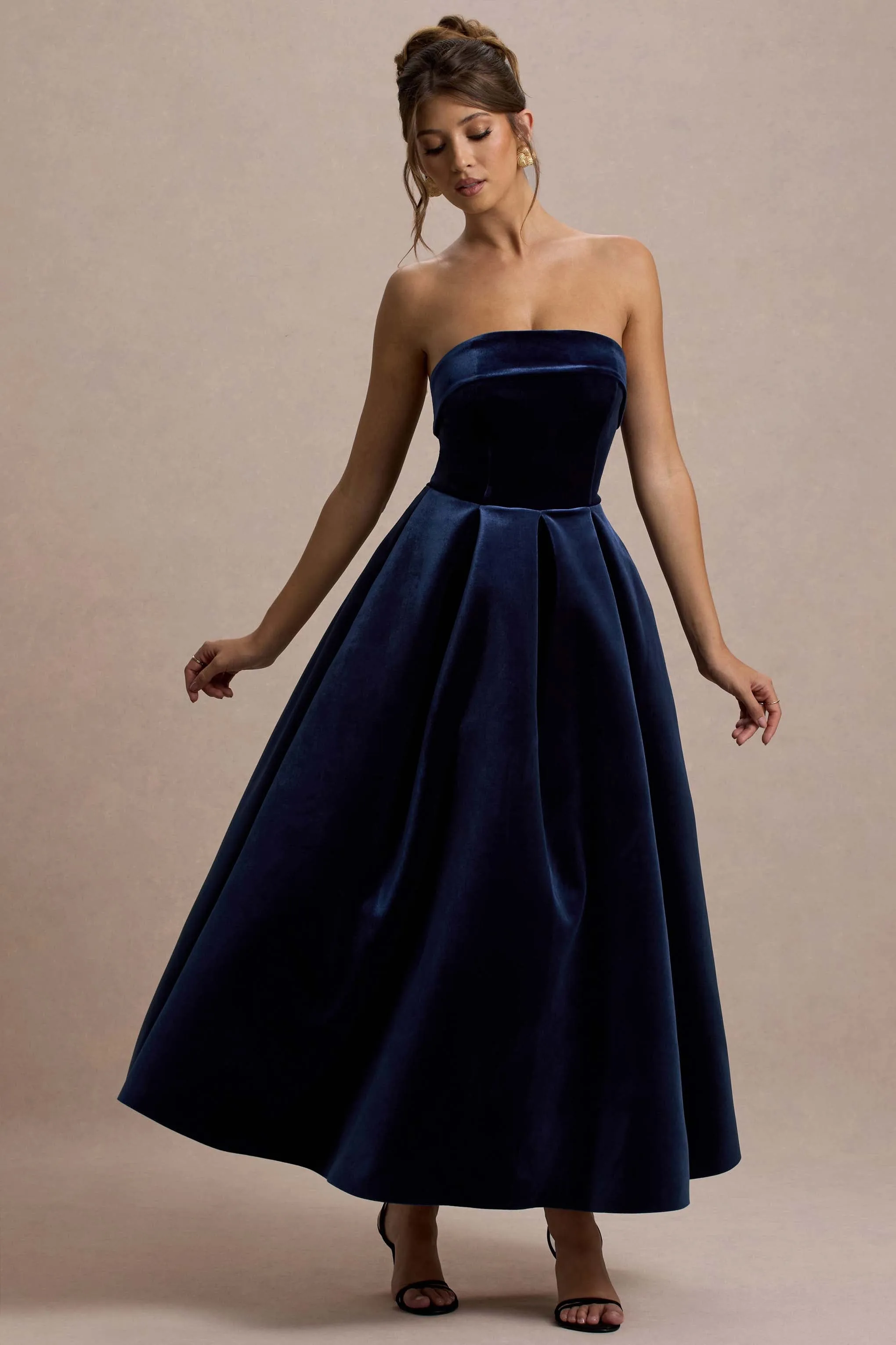 Addina | Navy Velvet Bandeau Skater Midi Dress sold by Club L London