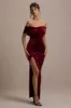 Merelyn | Berry Velvet Bow Bardot Split Maxi Dress sold by Club L London