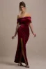 Merelyn | Berry Velvet Bow Bardot Split Maxi Dress sold by Club L London