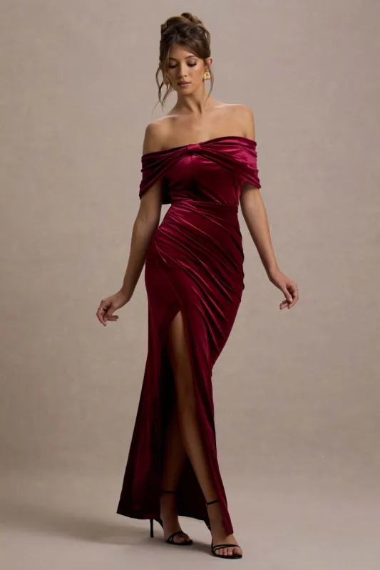 Merelyn | Berry Velvet Bow Bardot Split Maxi Dress sold by Club L London