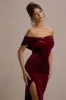 Merelyn | Berry Velvet Bow Bardot Split Maxi Dress sold by Club L London