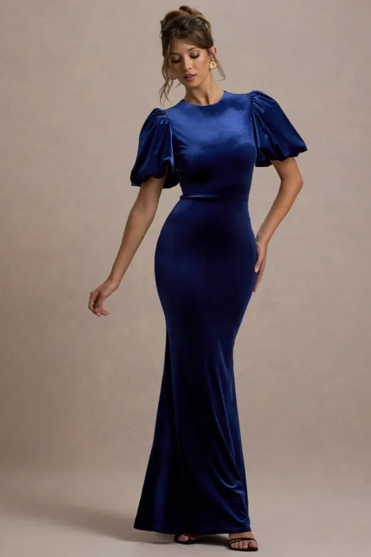Ashlin | Navy Velvet Puff-Sleeve Maxi Dress sold by Club L London