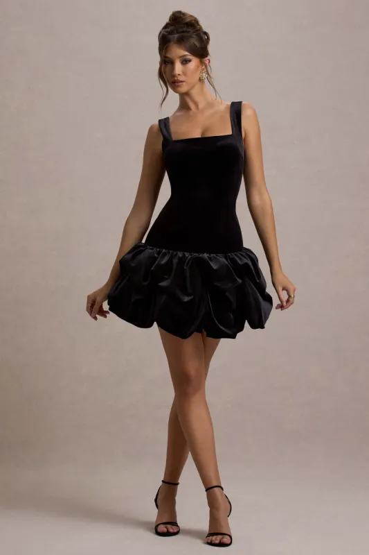 Sutton | Black Velvet Square-Neck Ruffle-Hem Mini Dress sold by Club L London