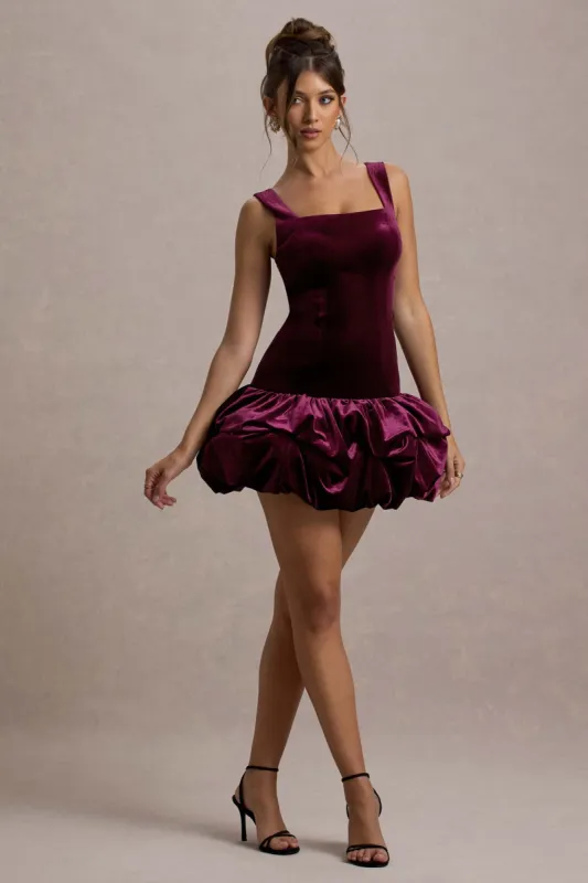 Sutton | Port Velvet Square-Neck Ruffle-Hem Mini Dress sold by Club L London