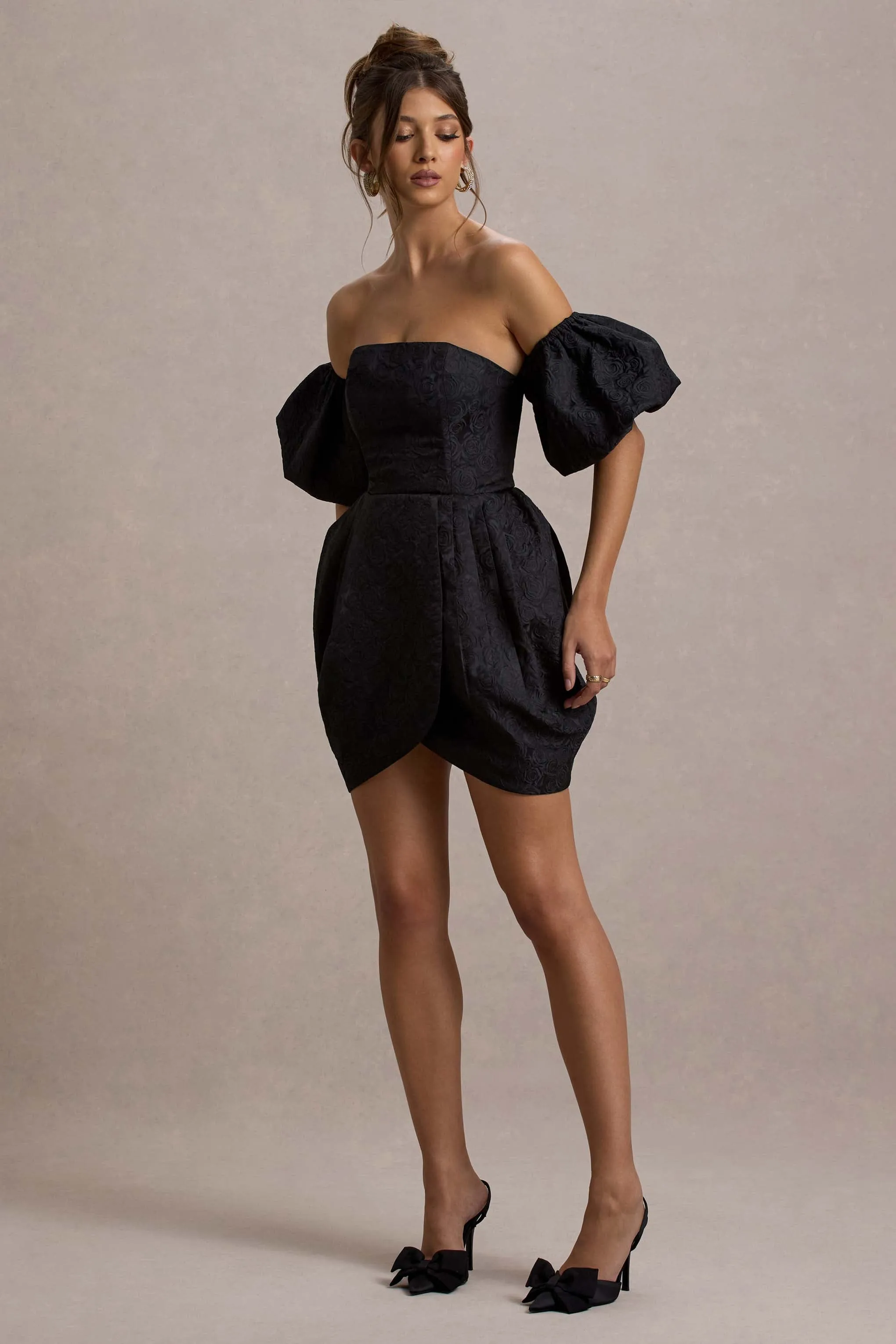 Ramone | Black Bardot Mini Dress With Tulip Hem sold by Club L London product image thumbnail 4