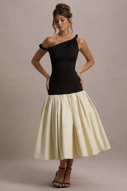 Whitley | Black & Cream Twist-Neck Drop-Waist Midi Dress sold by Club L London