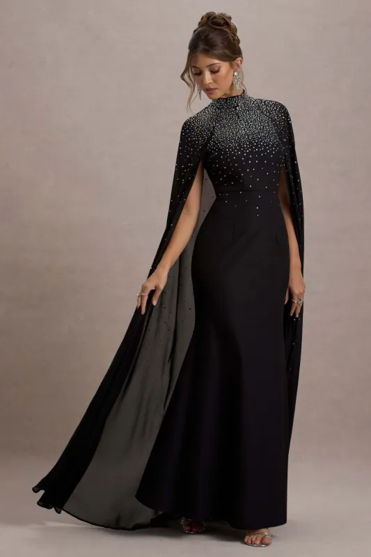 The Shallows | Black Embellished High-Neck Maxi Dress With Chiffon Cape sold by Club L London