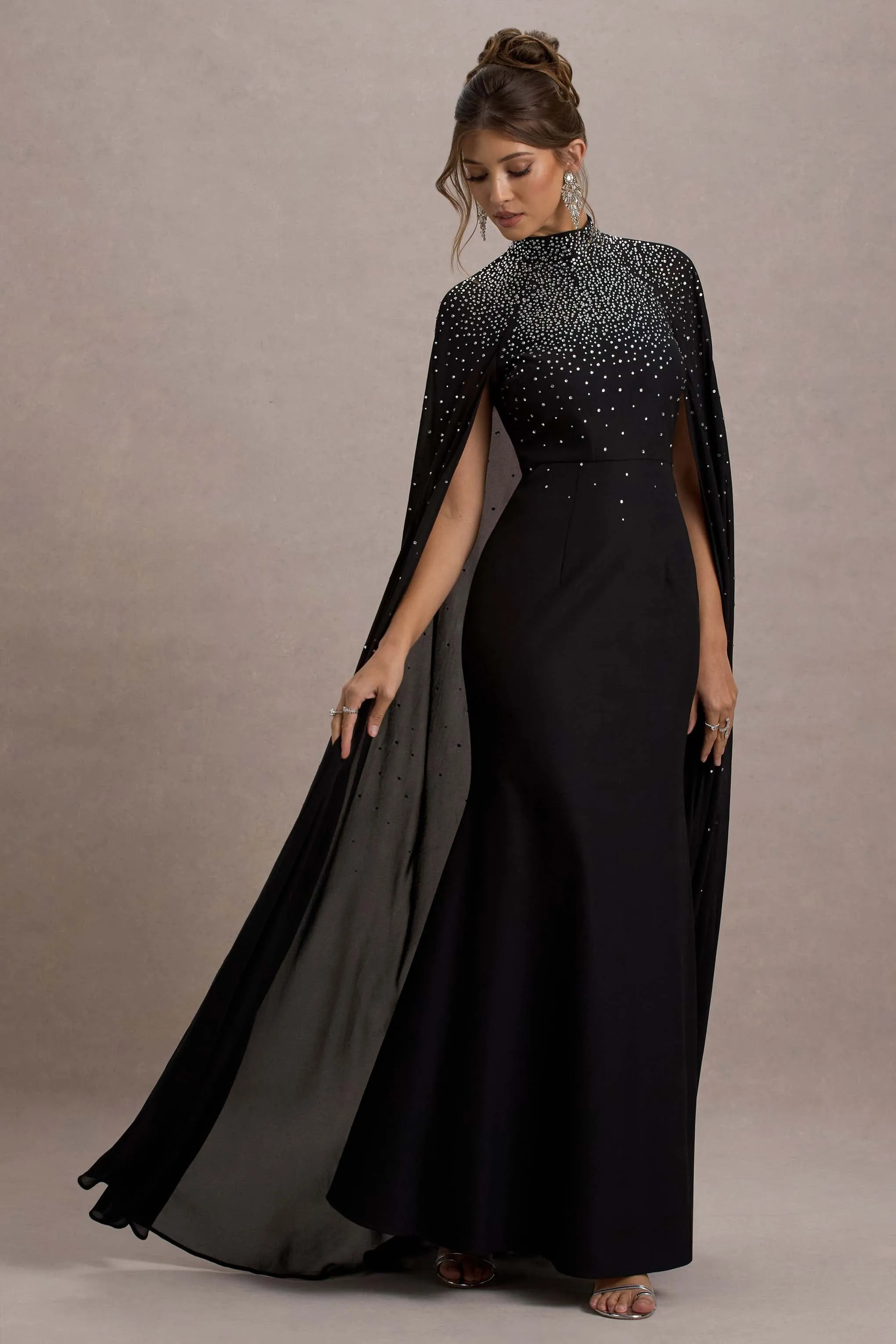 The Shallows | Black Embellished High-Neck Maxi Dress With Chiffon Cape sold by Club L London
