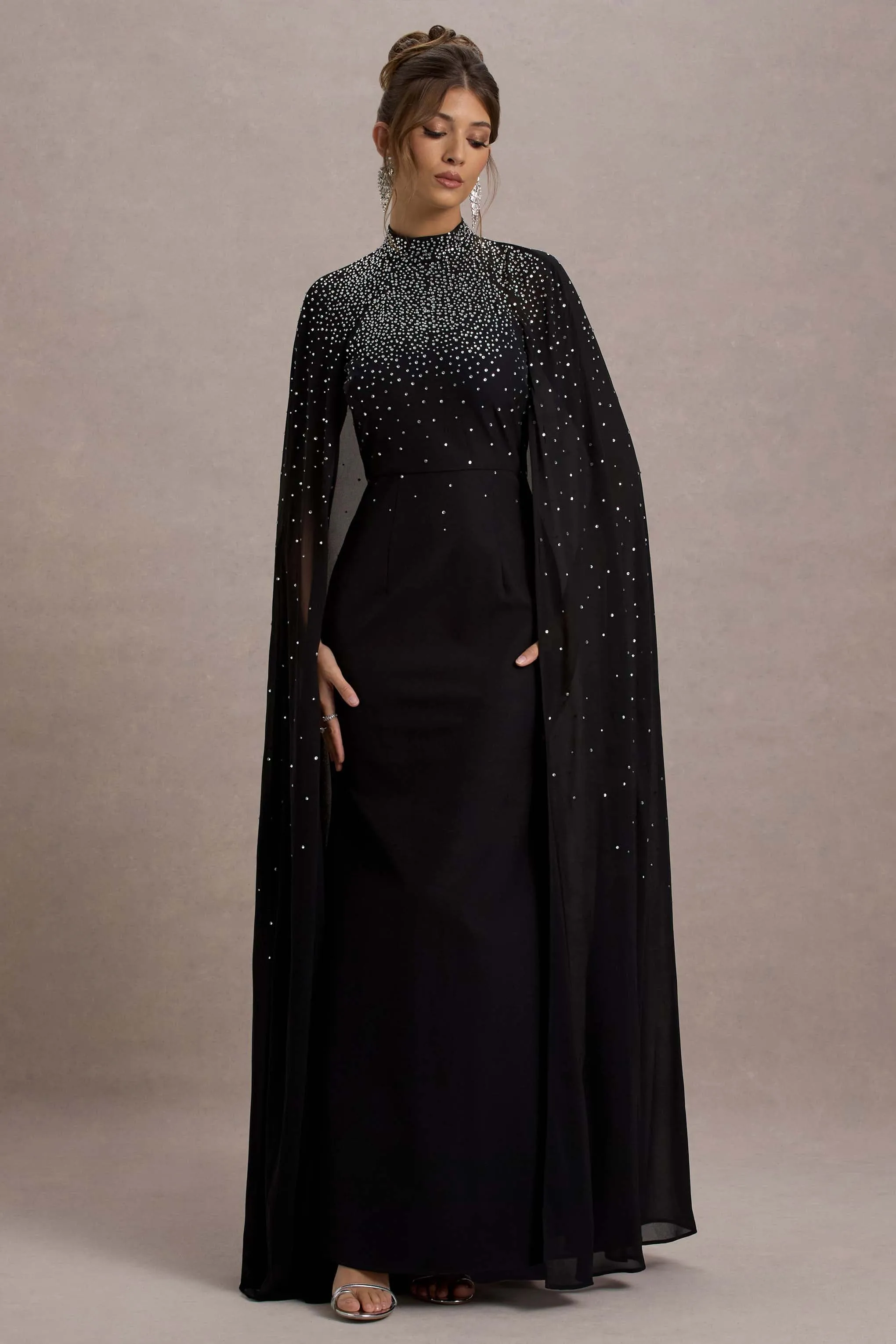 The Shallows | Black Embellished High-Neck Maxi Dress With Chiffon Cape sold by Club L London product image thumbnail 3