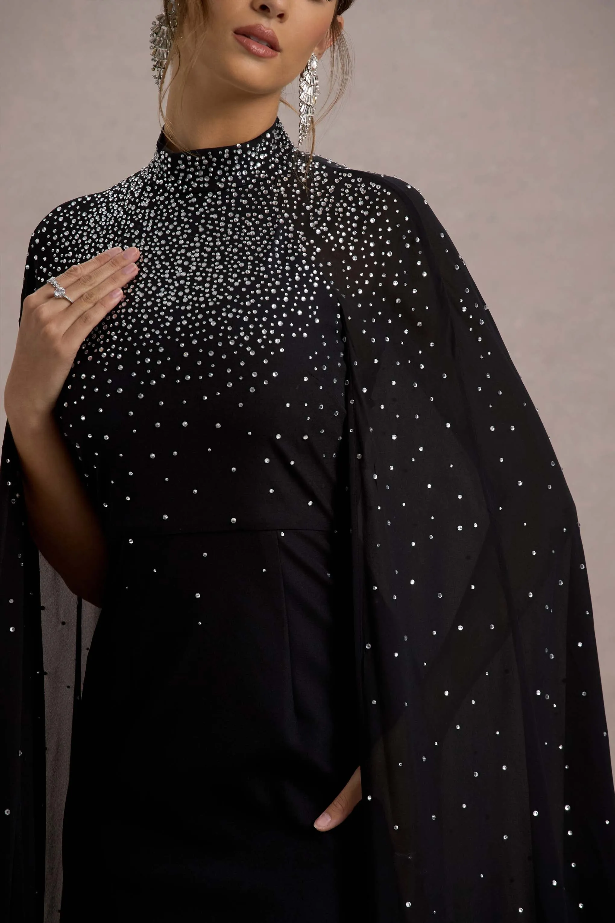 The Shallows | Black Embellished High-Neck Maxi Dress With Chiffon Cape sold by Club L London product image thumbnail 5